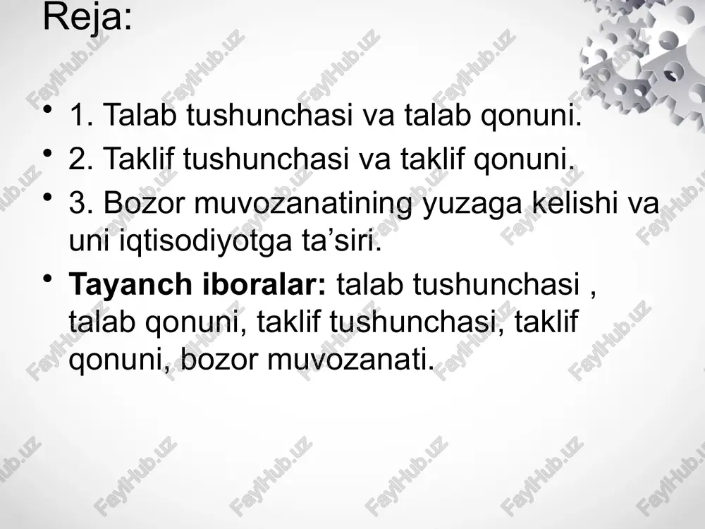 a. savdo-sotiq ishlaridagi muammolarni tahlil qilishda talab egri chizig’idan foydalanish mumkin. chunki, talab egri chizig’i baho bilan talab o’rtasida teskari bog’liqlik mavjud ekanini ifodalaydi. buni talab qonuni deyiladi. bu qonuning asosini nima tashkil qilishini tushunish uchun quyidagilarni ko’rib chiqamiz: 1. xaridor doimo molni past bahoda sotib olishga, sotuvchi esa yuqori bahoda sotishga harakat qiladilar. baho yuqori bo’lsa, u kam sotib olinadi va demak, bunda baho iste’molchilar uchun to’siqqa aylanadi. 2. agar molning bahosi pasayib borsa iste’molchilar molni ko’proq va qayta-qayta sotib oladilar. bunday holatda iste’molchining sotib olayotgan mahsulotidan qoniqish kamayib borabi. bu foydalilik chegarasining kamayib borish qonuni deyiladi. molning foydalilik chegarasining kamayib borishi iste’molchi tomonidan arzon bahoda sotib olgan mollar miqdorining ko’payishi va u mol birligini yetarli darajada qadrlamasligi natijasidir. shuning uchun molning foydalilik chegarasi – xaridor uchun xarid qilishning foydalilik chegarasidir. chunki xaridor xarid qilishi-qilmasligi haqida o’ylanib qoladi. molning foydalilik chegarasining bahodagi ifodasi, iste’molchi biron-bir moldan qancha sotib olgan …