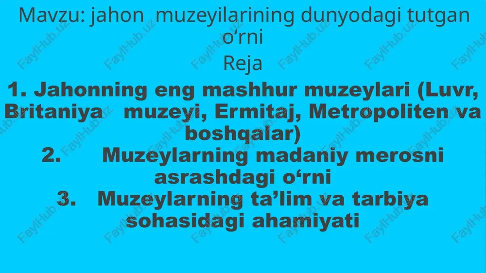 abasi” – qadimgi yunon haykaltaroshligi namunasi 🏺 misr mumiyolari va qadimiy yozuvlar 👑 napoleonning toj kiyish marosimi – jak-lui david asari muzeyning asosiy bo‘limlari britaniya muzeyi 10 dan ortiq ilmiy va madaniy bo‘limlarga ega. ularning asosiylari: qadimgi misr va sudan bo‘limi yaqin sharq (mesopotamiya) bo‘limi yunon va rim san’ati bo‘limi osiyo san’ati bo‘limi afrika, amerika va okeaniya madaniyati bo‘limi numizmatika (tangalar va medallar) bo‘limi kutubxona va arxiv fondi eng mashhur eksponatlar britaniya muzeyi o‘zining bebaho kolleksiyasi bilan tanilgan. eng mashhur asarlari: 🪶 “rosetta toshi” – qadimgi misr yozuvini o‘qishga imkon bergan tosh (mil.avv. 196-yil). 🏺 parfenon haykallari (elgin marbles) – qadimgi yunoniston san’atining durdonalari. 🏕 misr mumiyolari – fir’avnlar davriga oid dafn buyumlari. 🐫 assuriya sherlari – qadimgi mesopotamiya haykaltaroshlik namunasi. 📜 lindisfarne injili – viii asrga oid qadimiy qo‘lyozma. me’moriy o‘ziga xoslik britaniya muzeyi binosi klassik yunon uslubida qurilgan bo‘lib, mashhur arxitektor robert smirk tomonidan loyihalangan. 2000-yilda muzey hovlisida …