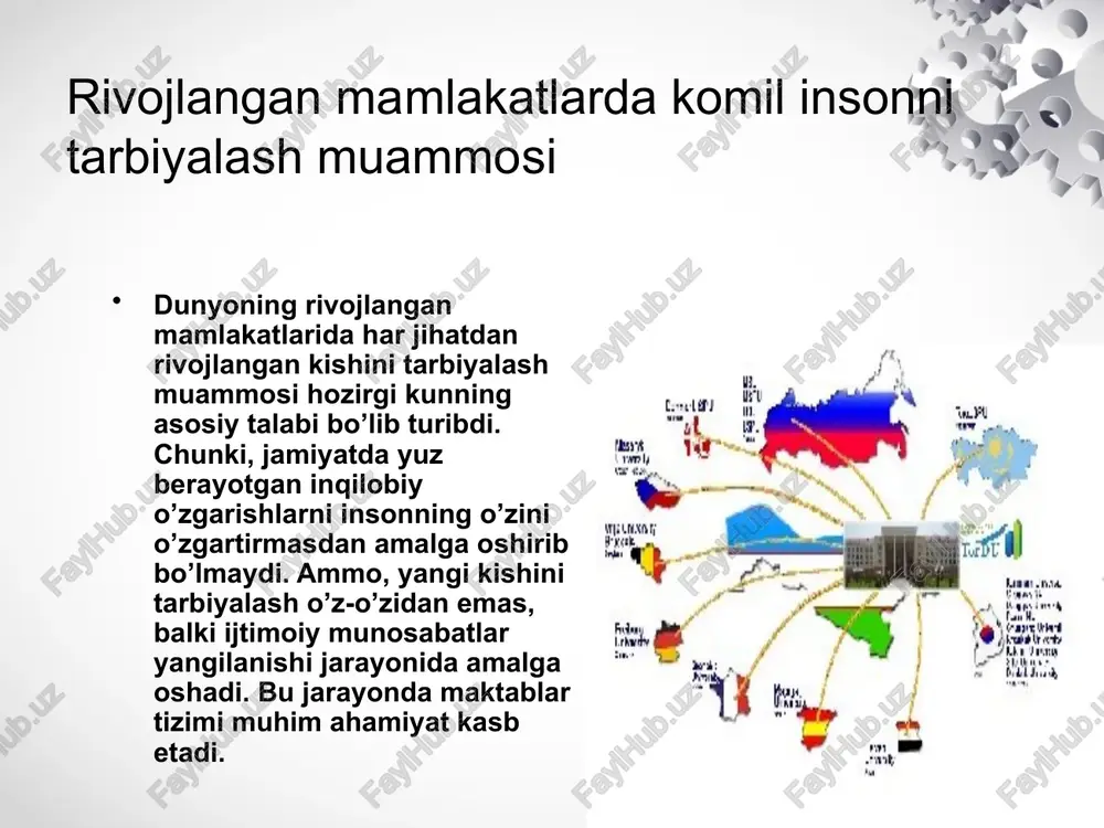 ishlash, rasm, musiqa, jismoniy tarbiya) ajratilgan. chexoslavakiyada o’quv rejasida i sinfga - 20 soat, ii sinfga - 22 soat, iii sinfga – 24 soat, iv sinfga – 24 soat ajratilgan. bolalar maktabga qabul qilinishidan oldin tibbiy ko’rikdan o’tkaziladi. ko’p mamlakatlarda 1-2 yillarda sinfda qoldirilmaydi. kuni uzaytirilgan guruhlarda o’quvchilarning 60-70 % i qamrab olingan. hozirgi kunda pedagogik texnologiyaga asoslangan yangi o’quv dasturlari va rejalari joriy etilmoqda. ta‘lim jarayoniga axborot texnologiyalari keng miqyosda kirib borayotir. vengriya va germaniyada xalq ta‘limi tizimi bolalar bog’chalari – 3-6 yoshli bolalarning bir qismini qamrab olgan (70 %). bog’chalarga qatnamaydigan bolalar maktabga borishdan 6 oy oldin tayyorlov mashg’ulotlariga jalb etiladi. bog’chalardagi mashg’ulotlar aholining ish rejimiga bog’liq holda tashkil etiladi. umumiy majburiy ta‘limga 6 yoshdan 16 yoshgacha bo’lgan bolalar jalb etiladi. bu amalda 2 bosqichli 8 yillik ta‘lim bo’lib, i-iv, v-viii sinflarni o’z ichiga oladi. 1-sinfga qabul qilinganlarning 80 % i asosiy maktab (8-sinf) ni 14 yoshida, qolgan …