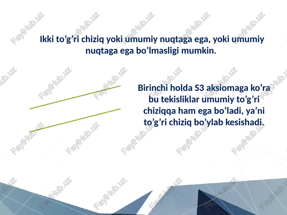 n ikkita a, v to’g’ri chiziq o’tkazamiz. a1, b1 to’g’ri chiziqlar orqali b tekislik o’tkazamiz. bu tekislik 4.7 teoremaga ko’ra a tekislikka parallel bo’lib, izlanayotgan tekislik bo’ladi. endi bu tekislikning yagonaligini ko’rsatamiz. faraz qilamiz, a tekislikka parallel yana bitta b1 tekislik mavjud bo’lsin. a nuqtada b va a to’g’ri chiziqdan o’tuvchi y tekislikni o’tkazamiz bu tekislik b tekislikni a1 to’ri chiziq bo’ylab b1 tekislikni a2 to’g’ri chiziq bo’ylab kesib o’tadi. a1, a2 to’g’ri chiziqlar 4.6-teoremaga ko’ra a to’g’ri chiziqqa parallel bo’ladi. 4.11-teorema. paralel tekisliklar orasidagi parallel to’g’ri chiziqlar tengdir. isbot. aytaylik a va b tekisliklar k va l to’g’ri chiziqlardan ab va cd kesmalarni ajratsin. bu kesmalarning tengligini ko’rsatamiz. k va l to’g’ri chiziqlardan o’tuvchi y tekislik parallel tekisliklarni ac va bd to’g’ri chiziqlar bo’ylab kesib o’tadi. natijada, qarama-qarshi tomonlari parallel bo’lgan abcd to’rtburchakka, parallelogrammga ega bo’lamiz. parallelogrammning o’zaro tomonlari o’zaro teng bo’ladi. image2.png image3.jpeg image4.png image5.gif image6.jpeg image7.gif image8.jpeg …