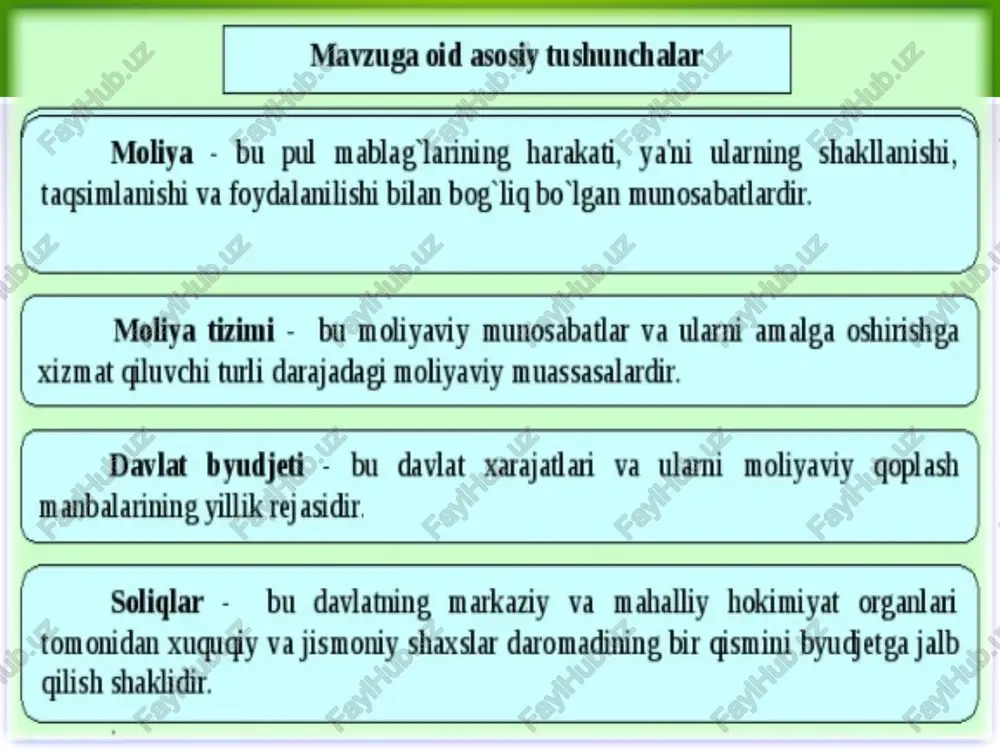 bilan korxona,tashkilot,birlashma va davlatni pul daromadlari va markazlashgan jamg`armalarini tashkil etish asosida kengaytirilgan takror ishlab chiqarishni amalga oshirish va aholini moddiy va madaniy extiyojlarini qondirishni ta`minlashdir. yuqoridagilardan kelib chiqib moliyaning obyekti bo`lib korxona, birlashma va xalq xujaligi tarmoqlarining pul jamg`armalari va moliyaviy rusurslarni tashkil etish, taqsimlash va foydalanish bilan bog`lik bo`lgan iqtisodiy munosabatlar hisoblanadi. moliyaning subyekti - bu moliya munosabatlarini ishtirokchilari, firmalar, davlat va nodavlat idoralaridan iborat yuridik va jismoniy shaxslar. moliyaviy siyosat - davlatning iqtisodiy va ijtimoiy rivojlanishini ta`minlash yuzasidan moliyaviy resurslar bilan ta`minlashga qaratilgan siyosat. moliyaning turli darajalari: - mikromoliya - bu firmalar, davlat va jamoat tashkilotlari moliya tizimini boshlang`ich va asosiy bug`ini hisoblanadi. mikromoliyaning muhimligi ularda moddiy boylik yaratiladi. ularning faoliyati jamiyatning iqtisodiy axvolini shakllantiradi. uning asosiy resurslari bo`lib foyda, ish haqi, aksiya va obligatsiyalar, kredit,sug`urta to`lovi, subsidiya va boshqalar hisoblanadi. korxona qanchalik yaxshi ishlab foydali faoliyat ko`rsatsa,uni moliyaviy faoliyati shunchalik yaxshilanadi, soliqlar va boshqa to`lovlarni to`liq …