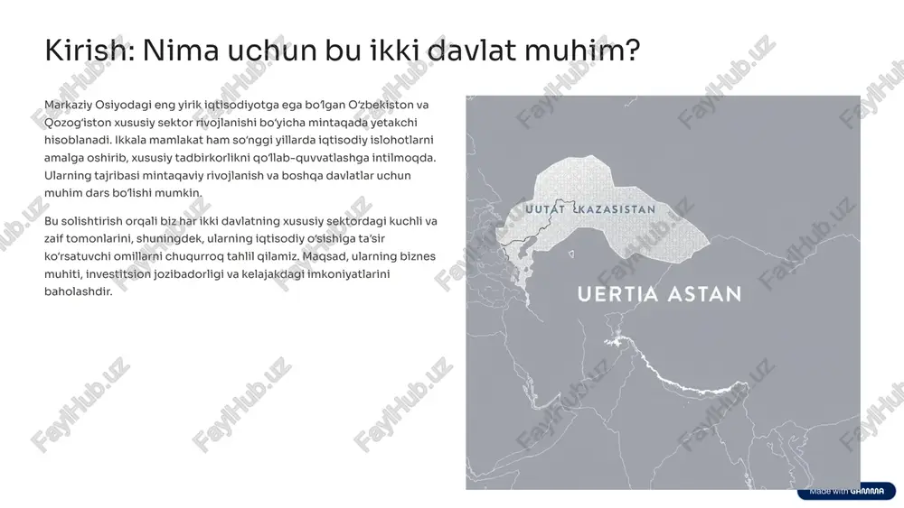 sarmoya kiritilmoqda. qozogʻistonning xususiy sektori yanada rivojlangan moliyaviy bozorlar, xorijiy investitsiyalarni jalb etish boʻyicha tajriba va yevropa ittifoqi standartlariga yaqinroq boʻlgan huquqiy baza bilan ajralib turadi. bu esa xorijiy kompaniyalar uchun jozibador muhit yaratadi. mamlakat, shuningdek, raqamlashtirish va innovatsiyalarni faol qoʻllab-quvvatlab, at sektori va elektron tijoratni rivojlantirishga intilmoqda. astana xalqaro moliya markazi (aifc) bunga yorqin misoldir. 4 biznes muhitini solishtirish: qonunchilik va tartibga solish oʻzbekiston soʻnggi yillardagi tezkor islohotlar. byurokratiyani kamaytirishga urinishlar. soliq tizimini soddalashtirish. valyuta siyosatini liberallashtirish. yerga egalik huquqi masalasida baʼzi cheklovlar. qozogʻiston barqaror va prognoz qilinadigan qonunchilik. xalqaro standartlarga moslashtirilgan tartibga solish. kuchliroq sud tizimi (aifc sudi). raqobatbardosh soliq siyosati. xorijiy investorlar uchun kafolatlar. umuman olganda, qozogʻiston biznes yuritish qulayligi boʻyicha uzoqroq tajribaga ega boʻlsa, oʻzbekiston tez surʼatlar bilan bu boʻshliqni qisqartirmoqda. ikkala davlat ham biznesni rivojlantirish uchun sharoitlarni yaxshilashga intilmoqda, ammo ularning yondashuvlari va erishilgan natijalari farq qiladi. 5 investitsion jozibadorlik: qaysi biri jozibadorroq? yuqoridagi diagramma …