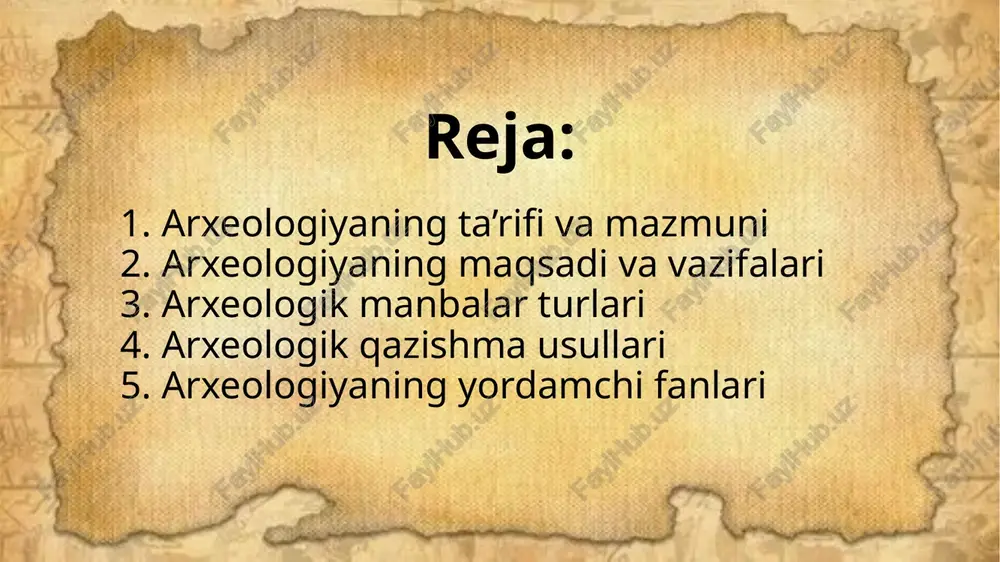 turlari arxeologik manbalar moddiy yodgorliklarning turli ko‘rinishlaridan iborat: turar-joy qoldiqlari, ibodatxona inshootlari, qo‘l mehnati qurollari, sopol buyumlar, zargarlik buyumlari, tangalar, haykallar, qabristonlar va tosh yozuvlar. ushbu manbalar orqali qadimgi jamiyatlarning iqtisodiy faoliyati, e’tiqodi, san’ati, texnologiyasi va ijtimoiy tuzilishi haqida ma’lumot beriladi. har bir manba o‘z davrining madaniy ko‘rsatkichiga ay­lanib, tarixiy tafakkurni tiklashga xizmat qiladi. arxeologik qazishma usullari arxeologik qazishmalar arxeologiyaning asosiy ilmiy metodlaridan biridir. qazishma jarayonida qatlamlar tarkibi, ularning yoshi, joylashuvi va artefaktlarni saqlanish holati aniqlanadi. qazishmalar stratigrafiya, planigrafiya va kartografiya usullari asosida olib boriladi. qazishma maydoni aniq o‘lchanadi, har bir artefakt joyi ko‘rsatilgan holda hujjatlashtiriladi. bu usullar yodgorliklarning tarixiy qatlamlarini aniqlashda muhim rol o‘ynaydi. stratigrafiya va qatlamlarni o‘rganish stratigrafiya arxeologiyaning eng muhim metodlaridan biri bo‘lib, yer qatlamlarining ketma-ketligiga asoslanadi. har bir qatlam ma’lum davrga oid bo‘ladi. artefaktlar ham aynan shu qatlam asosida tarixiy davrlarga bo‘linadi. stratigrafiya metodlari yordamida yodgorlikning eng qadimiy va eng yangi qismlari aniqlanadi. bu usul arxeologik …