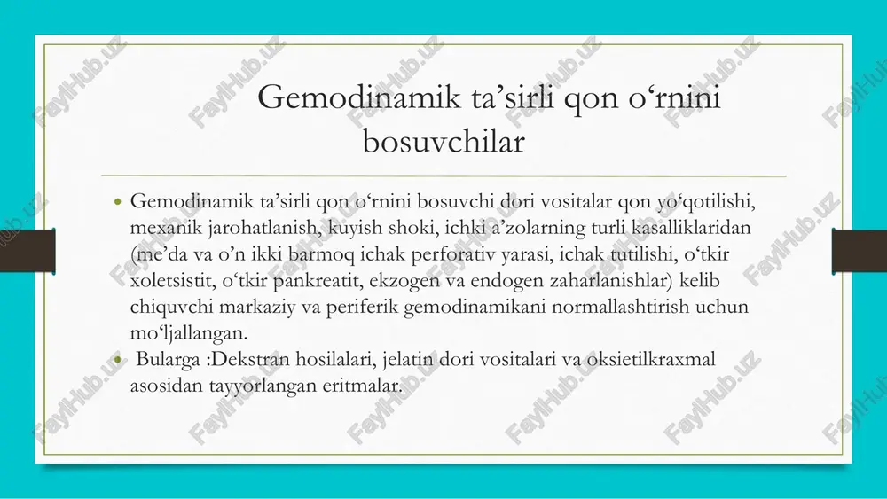 kada uning 70%i peshob bilan chiqib ketadi. reopoliglyukinning asosiy ta’siri, poliglyukindan farqli o‘laroq, qonning reologik xususiyatlari va mikrosirkulyatsiyasini yaxshilashdan iborat. bu dori vositasi eritrotsitlar dezaggregatsiyasini keltirib chiqarish, qon dimlanishi va tromb hosil bo‘lishining oldini olish funksiyalari bilan izohlanadi. jelatin dori vositalari jelatin dori vositalari. jelatin dori vositalariga jelatinol, modejel, gemojel, gelofuzin, plazmojel kabi dori vositalari kiradi. ushbu guruhga kiruvchi dastlab paydo bo‘lgan va eng ko‘p tarqalgan dori vositasi bo‘lib jelatinol hisoblanadi. jelatinol – bu ozuqa jelatinining izotonik natriy xlorid eritmasida (molekulyar massasi 15000-25000) qisman parchalangan 8%li eritmasidir. jelatinol tarkibida quyidagi bir qator aminokislotalari bo‘lgan oqsil moddasi hisoblanadi: glitsin, prolin va boshqalar. uning davo ta’siri asosan qon tomiriga tezlik bilan to‘qimalar suyuqliklarini jalb qiluvchi kolloid-osmotik bosim bilan bog‘liqdir. gemodinamik dori vositasi sifatida jelatinol va unga o‘xshash dori vositalarining dekstran dori vositalariga qaraganda ta’siri kuchsizroq. ular qon tomiridan tezroq chiqib ketadi va hujayradan tashqari muhitga tarqaladi. jelatinol zaharli emas, apirogenli, antigen reaksiyalarning …