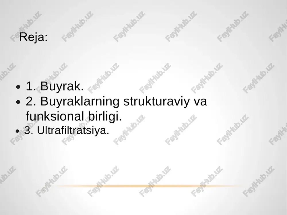 plazmasining onkotik bosimi 25 mm hg 15 mm hg gidrostatik bosim ultrafiltrat samarali filtrlash bosimi (30 mmhg) ultrafiltratsiya har kuni buyraklar orqali 1500 litr qon o'tib, taxminan 180 litr birlamchi siydik (1 daqiqada 125 ml) ishlab chiqaradi. buyraklarning filtrlash qobiliyatini baholash uchun filtrlangan, ammo qayta so'rilmaydigan yoki ajralmaydigan moddalar qo'llaniladi (inulin, mannitol , kreatinin ). birlamchi siydik keyinchalik proksimal tubulada qayta so'riladi . reabsorbtsiya reabsorbtsiya - moddalarning tubula lümenidan qonga o'tishi. ultrafiltratning 85% proksimal tubulada qayta so'riladi . reabsorbtsiyaga uchraydi : deyarli barcha oqsillar, 99% suv, glyukoza, aminokislotalar, mineral komponentlar, karbamid, siydik kislotasi. reabsorbtsiya mexanizmlari oddiy diffuziya (kontsentratsiya gradienti bo'ylab) faol transport (atp sarfi bilan kontsentratsiya gradientiga qarshi ) natriy ionlari na, k ga bog'liq atpaz ca , mg ga bog'liq atpaz yordamida . shuningdek, moddalarning uzatilishi maxsus oqsillar - translokazlar orqali sodir bo'ladi. kuniga quyidagilar qayta so'riladi : taxminan 17,9 litr suv. 1 kg nacl . 340 g 170 …