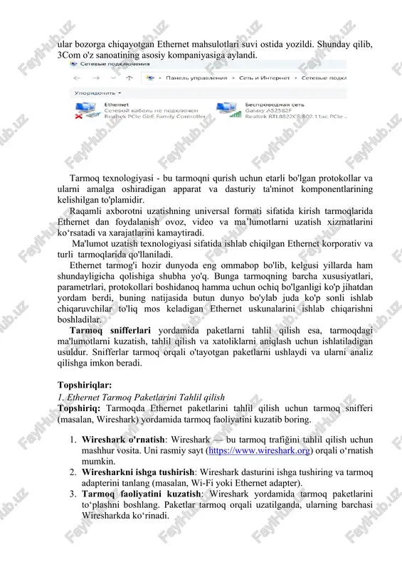 yilda metkalf o'zining yordamchisi devid boggs bilan birgalikda "ethernet: mahalliy kompyuter tarmoqlari uchun taqsimlangan paketlarni almashtirish" nomli risolani nashr etdi. metcalf 1979 yilda xeroxni tark etdi va kompyuterlar va mahalliy tarmoqlarni (lan) targ'ib qiluvchi 3com kompaniyasiga asos soldi. u dec, intel va xerox kompaniyalarini ethernet (dix) standartini ishlab chiqish uchun birgalikda ishlashga ishontirdi. ethernet standarti birinchi marta 1980 yil 30 sentyabrda nashr etilgan va ikkita yirik texnologiyalar bilan raqobatga kirishdi: token ring va arcnet. tez orada ular bozorga chiqayotgan ethernet mahsulotlari suvi ostida yozildi. shunday qilib, 3com o'z sanoatining asosiy kompaniyasiga aylandi. tarmoq texnologiyasi - bu tarmoqni qurish uchun etarli bo'lgan protokollar va ularni amalga oshiradigan apparat va dasturiy ta'minot komponentlarining kelishilgan to'plamidir. raqamli axborotni uzatishning universal formati sifatida kirish tarmoqlarida ethernet dan foydalanish ovoz, video va ma’lumotlarni uzatish xizmatlarini ko‘rsatadi va xarajatlarini kamaytiradi. ma'lumot uzatish texnologiyasi sifatida ishlab chiqilgan ethernet korporativ va turli tarmoqlarida qo'llaniladi. ethernet tarmog'i hozir dunyoda …