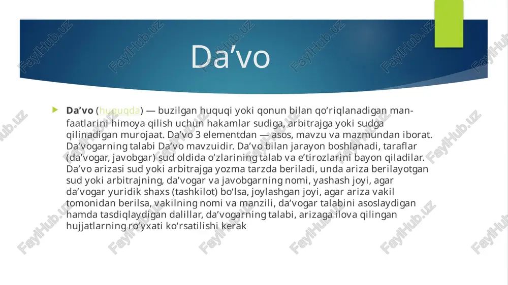 anligini; 2) da’vo arizasining va unga ilova qilingan hujjatlarning nusxalari yuborilganligini; 3) nizoni javobgar bilan sudgacha hal qilish (talabnoma yuborish) tartibiga rioya etilganligini, agar bu shu toifadagi nizolar uchun qonunda yoki shartnomada nazarda tutilgan boʻlsa; 4) da’vo talablariga asos boʻlgan holatlarni. agar da’vo arizasi da’vogarning vakili tomonidan imzolangan boʻlsa, uning da’vo taqdim etishga vakolatli ekanligini tasdiqlovchi ishonchnoma ilova qilinadi. da’vo arizasidan namunalar e’tiboringiz uchun rahmat image1.jpeg image2.png image3.png image4.png image5.png image6.png image7.png image8.jpeg image9.jpeg image10.png image11.png image12.png /docprops/thumbnail.jpeg