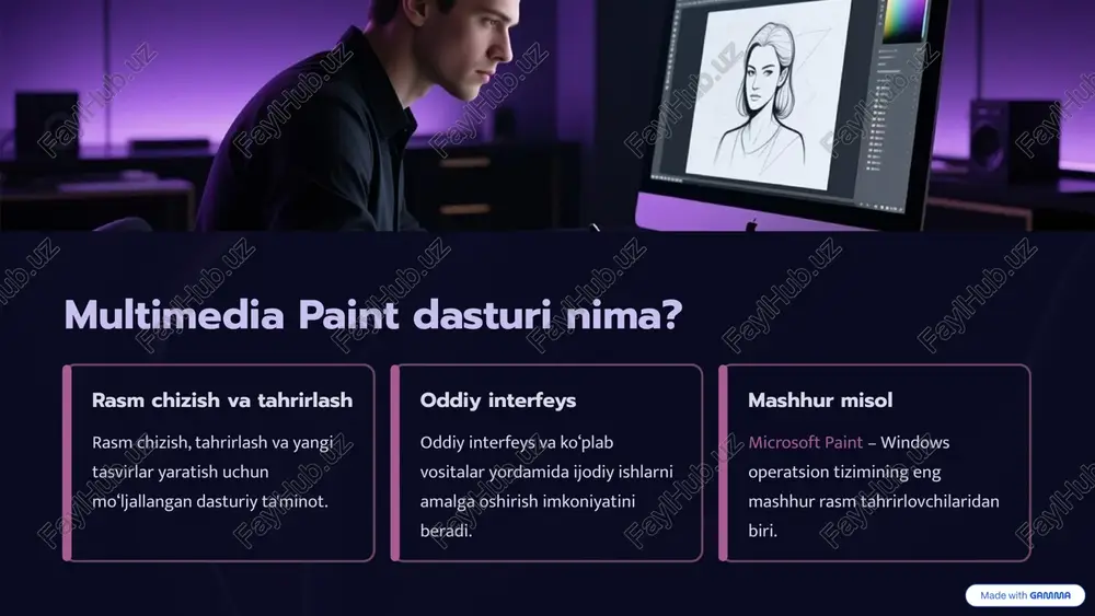 h. proaktiv aniqlash noma'lum tahdidlarni aniqlash uchun evristik va xulq-atvor tahlili usullarini qo'llash. 6 antivirus dasturlarining multimedia va o‘yin rejimi optimallashtirilgan ishlash panda dome antivirusining multimedia rejimi video tomosha qilish va o‘yin o‘ynash paytida tizim resurslarini optimallashtiradi. uzluksiz tajriba pop-up oynalar va bezovta qiluvchi xabarlarni kamaytirish orqali foydalanuvchi tajribasini sezilarli darajada yaxshilaydi. foyda bu rejim multimedia dasturlari va o‘yinlarning uzluksiz, xatosiz ishlashini ta'minlab, foydalanuvchiga maksimal qulaylik yaratadi. 7 antivirus dasturlarining zamonaviy imkoniyatlari 01 bulutli texnologiyalar bulutga asoslangan texnologiyalar yordamida real vaqtda yangi va noma'lum tahdidlarni aniqlash va bloklash. 02 avtomatik yangilanishlar dasturning avtomatik yangilanishi va xavfsizlik patchlarini muntazam ravishda o‘rnatish orqali doimiy himoya. 03 qo‘shimcha funksiyalar parental control (ota-ona nazorati) va maxfiy ma'lumotlarni shifrlash kabi qo‘shimcha imkoniyatlar. 04 mobil himoya smartfonlar va planshetlar kabi mobil qurilmalar uchun ham keng qamrovli himoya yechimlari. 8 multimedia paint va antivirus dasturlarining kundalik hayotdagi ahamiyati multimedia paint: ijodkorlik va ta'limda vizual kommunikatsiyani rivojlantirish uchun …
