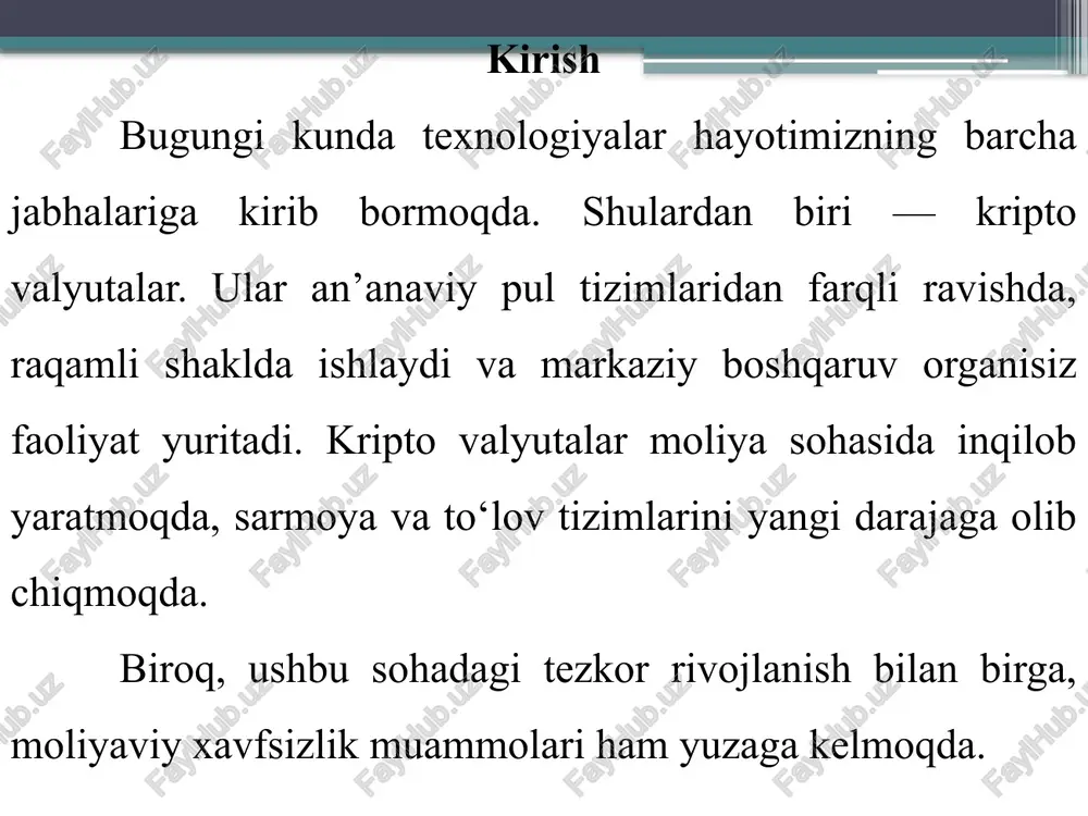 arlikdan ehtiyot bo‘lish: noma’lum odamlar yoki saytlar orqali tranzaksiya qilmaslik.bilim va ogohlikni oshirish: kripto haqida o‘qish, yangiliklarni kuzatish, do‘stlar bilan tajriba almashish. . 8 1. moliyaviy savodxonlikni oshirish odamlar kripto va moliyaviy tizimlar haqida ko‘proq ma’lumotga ega bo‘lsa, firibgarliklardan oson saqlanadi 2. xavfsizlik choralarini ko‘rish kuchli parol, ikki bosqichli tekshiruv (2fa) va ishonchli platformalardan foydalanish muammolarni kamaytiradi. 3. huquqiy nazoratni kuchaytirish davlatlar tomonidan kripto bozorini nazorat qilish, firibgarlar va noqonuniy faoliyatlarga qarshi kurashishni kuchaytiradi. xulosa kripto valyutalar — bu zamonaviy texnologiya asosida ishlaydigan yangi moliyaviy vosita bo‘lib, u sarmoya va to‘lov sohasida katta imkoniyatlar yaratadi. biroq, u bilan birga moliyaviy xavfsizlik muammolari ham yuzaga keladi. firibgarlik, kiberhujumlar va noto‘g‘ri foydalanish natijasida ko‘plab odamlar moliyaviy zarar ko‘rishi mumkin. shuning uchun har bir foydalanuvchi kuchli parol o‘rnatishi, ikki bosqichli himoyadan foydalanishi kerak. foydalanilgan adabiyotlar: nakamoto s. bitcoin: a peer-to-peer electronic cash system. — 2008. antonopoulos a. m. mastering bitcoin: unlocking digital cryptocurrencies. …