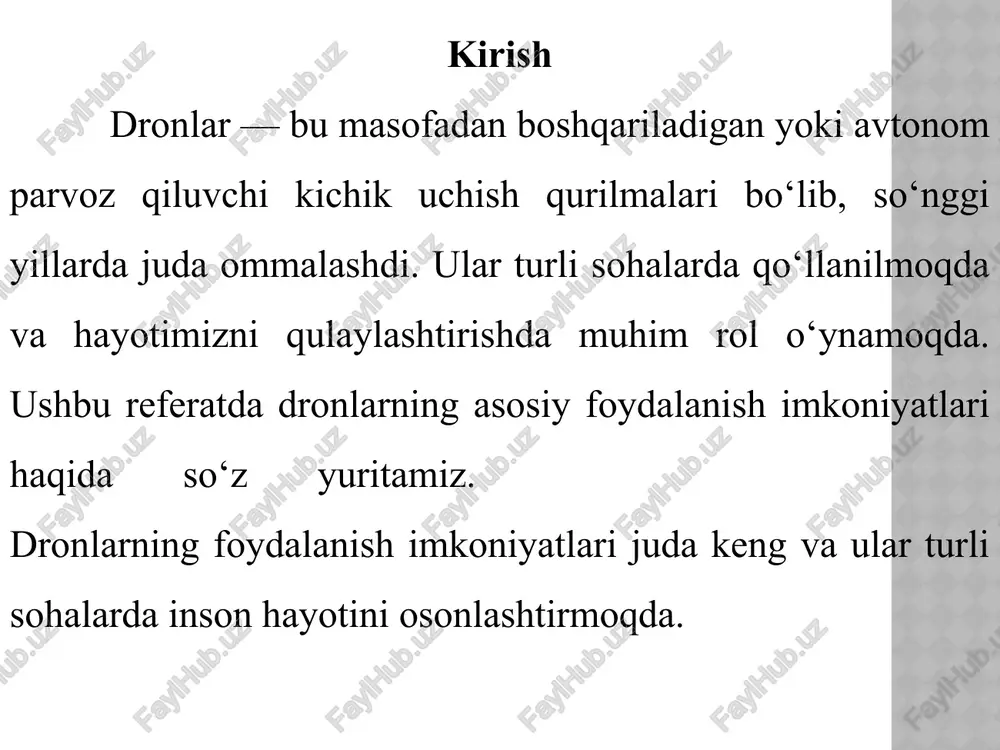 huningdek, termal kamerali dronlar bilan yo‘qolgan yoki bino ostida qolgan odamlarni topish mumkin. yetkazib berish va logistika dronlar kichik paketlar va buyurtmalarni tez yetkazish uchun ishlatilmoqda. masalan, shahar ichida yoki qishloq joylarda dori-darmon, oziq-ovqat va hujjatlarni yetkazishda dronlar yo‘l vaqtini qisqartiradi va xarajatlarni kamaytiradi. bu xizmatlar hozirda ko‘plab mamlakatlarda sinovdan o‘tkazilmoqda. dronlar yetkazib berishda nima uchun kerak? dronlar kichik yuklarni — masalan, dori-darmon 2. qanday ishlaydi? buyurtma berilgach, dron paketni yuklab oladi foydasi va afzalliklari dronlar orqali tez yetkazib berish mumkin. xulosa hozirgi zamonaviy texnologiyalar rivojlanishi bilan dronlardan foydalanish imkoniyatlari tobora kengayib bormoqda. ular qishloq xo‘jaligida hosildorlikni oshirish, favqulodda vaziyatlarda tezkor yordam ko‘rsatish, yetkazib berish xizmatlarini soddalashtirish kabi ko‘plab sohalarda qo‘l kelmoqda. dronlar inson mehnatini yengillashtiradi, vaqt va mablag‘ni tejaydi hamda xavfsizlikni ta’minlashda katta ahamiyatga ega foydalanilgan adabiyotlar tursunov, a. (2021). zamonaviy texnologiyalar va ularning qishloq xo‘jaligidagi qo‘llanilishi. toshkent: fan va texnologiya nashriyoti. qishloq xo‘jaligida dronlardan foydalanish haqida umumiy ma’lumot …