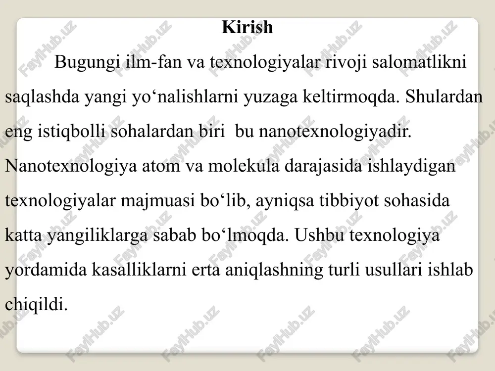 ni to‘g‘ri joyga yetkazib, samaradorlikni oshiradi. nanomateriallar jarrohlik operatsiyalarini yaxshilaydi va yaralarni tezda tiklashga yordam beradi. nanotexnologiyaning ehtimoliy xatarlari nanomateriallarning toksikligi ba’zi nanopartikullar organizm uchun zararli bo‘lishi mumkin, ular hujayralarga kirib, oksidlovchi stress va yallig‘lanishga sabab bo‘lishi ehtimoli mavjud.atrof-muhitga salbiy ta’siri nanomateriallar atrof-muhitga tarqalib, ekotizimlarga zarar yetkazishi mumkin, ayniqsa ular biologik parchalanmaydigan bo‘lsa. . sog‘liq uchun xavf ba’zi nanopartikullar inson tanasiga zarar yetkazishi mumkin. ular hujayralarga kirib, yallig‘lanish yoki boshqa kasalliklarni keltirib chiqarishi ehtimoli bor. atrof-muhitga zarar nanomateriallar tabiatga tushsa, o‘simliklar, hayvonlar va butun ekotizimga zarar yetkazishi mumkin. ular tabiiy yo‘l bilan parchalanmasligi ham mumkin. uzoq muddatli ta’siri noma’lum nanotexnologiyaning inson sog‘lig‘iga va tabiatga uzoq muddatda qanday ta’sir qilishi haqida hali to‘liq ma’lumot yo‘q. xulosa nanotexnologiya tibbiyot sohasida inqilobiy o‘zgarishlarni olib kelmoqda. u kasalliklarni erta aniqlash, dori vositalarini aniq joyga yetkazish va samarali davolashda katta imkoniyatlar yaratadi. shuningdek, jarrohlik amaliyotlarini takomillashtirish va organizmni tezda tiklashda nanotexnologiyaning o‘rni beqiyosdir. kelajakda nanotexnologiyaning …