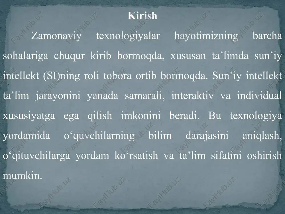 le translate, grammarly. sun’iy intellektning ta’lim sifati va boshqaruviga ta’siri sun’iy intellekt (si) texnologiyalari ta’lim tizimiga chuqur kirib kelmoqda. bu o‘zgarishlar nafaqat dars berish usullarini, balki ta’lim sifati va boshqaruv tizimini ham sezilarli darajada o‘zgartirmoqda. sun’iy intellekt ta’lim sifatini oshirish va boshqaruv tizimini zamonaviylashtirishda ahamiyatga ega. ta’lim sifatiga ta’siri har bir o‘quvchiga individual yondashuv yaratadi. test va topshiriqlarni tez va aniq baholaydi. interaktiv va qiziqarli darslar orqali bilim samaradorligini oshiradi. xulosa sun’iy intellekt ta’lim sohasida yangi imkoniyatlar yaratib, o‘quv jarayonini samarali va individual yondashuvga asoslangan tarzda tashkil etishga yordam beradi. avtomatik baholash, virtual yordamchilar va interaktiv platformalar ta’lim sifatini oshirishga katta hissa qo‘shmoqda. shu bilan birga, sun’iy intellekt o‘qituvchilarning ish yukini kamaytirib, boshqaruvni soddalashtiradi. kelajakda bu texnologiya ta’limning barcha bosqichlarida yanada keng qo‘llanilib, zamonaviy bilim berish tizimini shakllantirishda muhim rol o‘ynaydi. foydalanilgan adabiyotlar abdullaev n., “sun’iy intellekt va ta’lim sohasida innovatsiyalar” — toshkent, 2021. karimova m., “zamonaviy ta’limda raqamli texnologiyalar” …