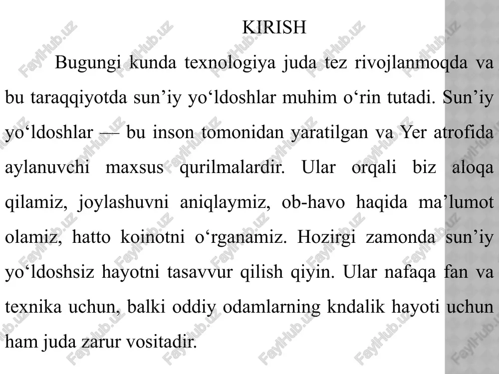 katsiyadagi roli mobil aloqa va internet xizmatlari hayotimizdagi ahamiyat meteorologik suniy yo‘ldoshlar ob-havo ma’lumotlarini yig‘ib, harorat, shamol, yog‘ingarchilik va boshqalar haqida aniq prognozlar beradi. bu qishloq xo‘jaligi, transport va kundalik hayot uchun juda muhim. kosmik teleskoplar va boshqa ilmiy suniy yo‘ldoshlar koinot, yer va atmosferani o‘rganishda, yangi kashfiyotlar qilishda xizmat qiladi. 8 aloqa: telefon, internet, televideniye va radio uzatish uchun suniy yo‘ldoshlar ishlatiladi. navigatsiya: gps orqali joylashuvni aniqlash, yo‘l topish va transport boshqaruvi imkonini beradi. ob-havo va tabiat kuzatuvi: xulosa sun’iy yo‘ldoshlar zamonaviy hayotning ajralmas qismiga aylangan. ular orqali biz dunyo bilan bemalol aloqa qilamiz, yo‘limizni topamiz, ob-havodan ogoh bo‘lamiz va hatto tabiiy ofatlarni oldindan bilib olish imkoniyatiga ega bo‘lamiz. fan, texnika, qishloq xo‘jaligi, harbiy soha va kundalik turmushda sun’iy yo‘ldoshlarning ahamiyati beqiyosdir. ularning kundan-kun rivojlanib borishi insoniyat taraqqiyotining yana-da yangi bosqichlarga chiqishiga xizmat qiladi. foydalanilgan adabiyotlar: 1.karimov i.a. “yuksak ma’naviyat — yengilmas kuch”, toshkent: ma’naviyat, 2008. 2.usmonov m., toshpulatov …