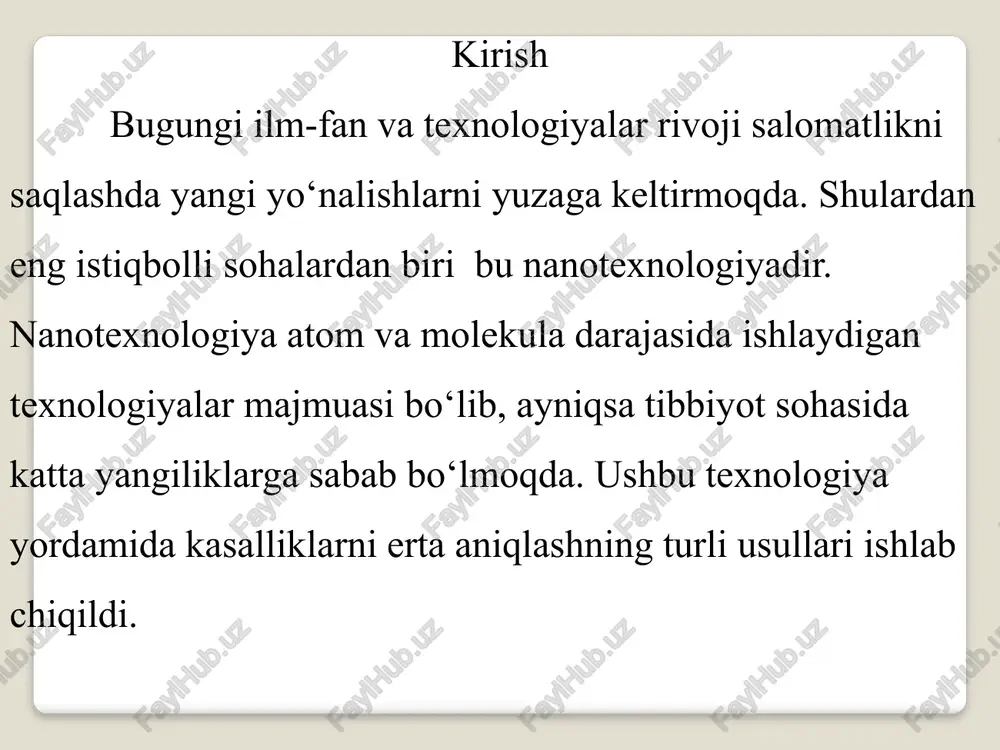 ni to‘g‘ri joyga yetkazib, samaradorlikni oshiradi. nanomateriallar jarrohlik operatsiyalarini yaxshilaydi va yaralarni tezda tiklashga yordam beradi. nanotexnologiyaning ehtimoliy xatarlari nanomateriallarning toksikligi ba’zi nanopartikullar organizm uchun zararli bo‘lishi mumkin, ular hujayralarga kirib, oksidlovchi stress va yallig‘lanishga sabab bo‘lishi ehtimoli mavjud.atrof-muhitga salbiy ta’siri nanomateriallar atrof-muhitga tarqalib, ekotizimlarga zarar yetkazishi mumkin, ayniqsa ular biologik parchalanmaydigan bo‘lsa. . sog‘liq uchun xavf ba’zi nanopartikullar inson tanasiga zarar yetkazishi mumkin. ular hujayralarga kirib, yallig‘lanish yoki boshqa kasalliklarni keltirib chiqarishi ehtimoli bor. atrof-muhitga zarar nanomateriallar tabiatga tushsa, o‘simliklar, hayvonlar va butun ekotizimga zarar yetkazishi mumkin. ular tabiiy yo‘l bilan parchalanmasligi ham mumkin. uzoq muddatli ta’siri noma’lum nanotexnologiyaning inson sog‘lig‘iga va tabiatga uzoq muddatda qanday ta’sir qilishi haqida hali to‘liq ma’lumot yo‘q. xulosa nanotexnologiya tibbiyot sohasida inqilobiy o‘zgarishlarni olib kelmoqda. u kasalliklarni erta aniqlash, dori vositalarini aniq joyga yetkazish va samarali davolashda katta imkoniyatlar yaratadi. shuningdek, jarrohlik amaliyotlarini takomillashtirish va organizmni tezda tiklashda nanotexnologiyaning o‘rni beqiyosdir. kelajakda nanotexnologiyaning …