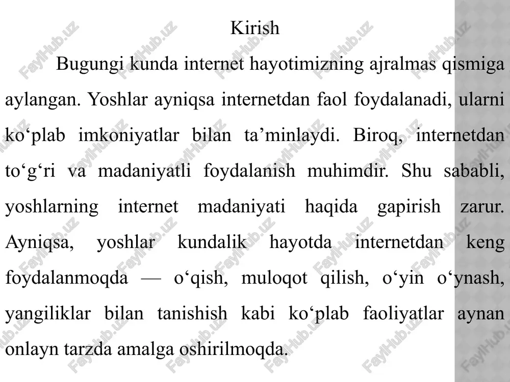 cheklaydi. 2. soxta va zararli ma’lumotlarga ishonish yoshlar yolg‘on yangiliklar, noto‘g‘ri maslahatlar yoki firibgarlik reklamalarga tez aldanishi mumkin. 3. kiberzo‘ravonlik (cyberbullying) ba'zilar internetda masxara qilish, haqoratlash yoki tahdid qilish holatlariga duch kelishadi. internet madaniyatini oshirish yo‘llari internetdan foydalanish zamonaviy hayotning ajralmas qismiga aylangan. biroq undan to‘g‘ri, odobli va xavfsiz foydalanish har kimdan madaniyat talab qiladi. ayniqsa, yoshlar orasida internet madaniyatini oshirish juda muhimdir. quyidagi yo‘llar orqali internetdagi madaniyatli muomala va xavfsiz muhitni rivojlantirish mumkin: ta’lim va ma’rifat — yoshlarni internet xavfsizligi va madaniyatiga o‘rgatish kerak. ota-onalar va o‘qituvchilarning roli — ularni nazorat qilib, to‘g‘ri yo‘l ko‘rsatish zarur. axloq qoidalarini o‘rganish — internetda boshqalarni hurmat qilish, so‘zlarni to‘g‘ri tanlash muhim. xavfsizlik qoidalariga rioya qilish — shaxsiy ma’lumotlarni sir saqlash va noma’lum saytlarga kirmaslik kerak. xulosa internet — yoshlar uchun bilim olish, fikr almashish va o‘zini rivojlantirishda katta imkoniyat yaratadi. biroq undan noto‘g‘ri foydalanish salbiy oqibatlarga olib kelishi mumkin. shu sababli, internetda …