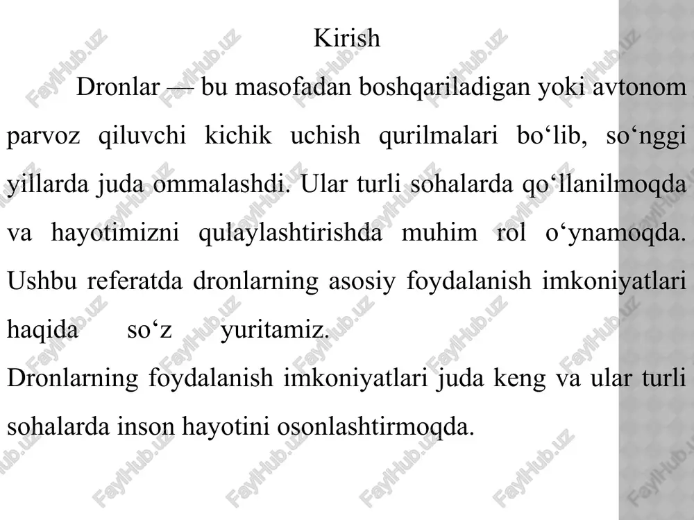 huningdek, termal kamerali dronlar bilan yo‘qolgan yoki bino ostida qolgan odamlarni topish mumkin. yetkazib berish va logistika dronlar kichik paketlar va buyurtmalarni tez yetkazish uchun ishlatilmoqda. masalan, shahar ichida yoki qishloq joylarda dori-darmon, oziq-ovqat va hujjatlarni yetkazishda dronlar yo‘l vaqtini qisqartiradi va xarajatlarni kamaytiradi. bu xizmatlar hozirda ko‘plab mamlakatlarda sinovdan o‘tkazilmoqda. dronlar yetkazib berishda nima uchun kerak? dronlar kichik yuklarni — masalan, dori-darmon 2. qanday ishlaydi? buyurtma berilgach, dron paketni yuklab oladi foydasi va afzalliklari dronlar orqali tez yetkazib berish mumkin. xulosa hozirgi zamonaviy texnologiyalar rivojlanishi bilan dronlardan foydalanish imkoniyatlari tobora kengayib bormoqda. ular qishloq xo‘jaligida hosildorlikni oshirish, favqulodda vaziyatlarda tezkor yordam ko‘rsatish, yetkazib berish xizmatlarini soddalashtirish kabi ko‘plab sohalarda qo‘l kelmoqda. dronlar inson mehnatini yengillashtiradi, vaqt va mablag‘ni tejaydi hamda xavfsizlikni ta’minlashda katta ahamiyatga ega foydalanilgan adabiyotlar tursunov, a. (2021). zamonaviy texnologiyalar va ularning qishloq xo‘jaligidagi qo‘llanilishi. toshkent: fan va texnologiya nashriyoti. qishloq xo‘jaligida dronlardan foydalanish haqida umumiy ma’lumot …