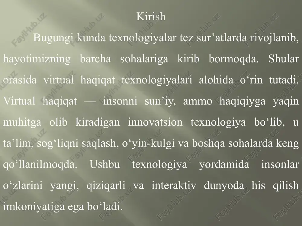 a aks ettiradi. virtual haqiqatning qo‘llanilish sohalari virtual haqiqat texnologiyalari hozirgi kunda turli sohalarda keng qo‘llanilmoqda. eng avvalo, bu texnologiya o‘yin-kulgi va videoo‘yinlarda juda mashhur. foydalanuvchi o‘zini o‘yin ichida his qilib, real harakatlar orqali o‘ynaydi.ta’lim sohasida esa vr yordamida tarixiy joylarni “sayr qilish”, yoki murakkab mavzularni ko‘rgazmali tarzda o‘rganish mumkin. o‘yin va ko‘ngilochar soha virtual haqiqat eng ko‘p videoo‘yinlarda qo‘llaniladi. foydalanuvchi o‘zini o‘yin ichida his qilib, real harakatlar bilan o‘ynaydi. 2. ta’lim vr texnologiyasi yordamida tarix, biologiya yoki geografiyani ko‘rgazmali tarzda o‘rganish, virtual laboratoriya ishlarini bajarish mumkin. 3. tibbiyot shifokorlar operatsiya mashqlarini bajaradilar, bemorlar esa reabilitatsiya yoki psixologik davolashda foydalanadilar. xulosa virtual haqiqat texnologiyalari insonlarga yangi va qiziqarli tajribalarni taqdim etadi. ular yordamida foydalanuvchilar sun’iy, lekin haqiqiydek his qilinadigan muhitga kirib, turli sohalarda, jumladan o‘yin-kulgi, ta’lim va sog‘liqni saqlashda samarali foydalanishlari mumkin. virtual haqiqat hayotimizni boyitib, innovatsion imkoniyatlar yaratishda muhim rol o‘ynaydi. virtual haqiqat texnologiyalari zamonaviy dunyoda tez sur’atlarda rivojlanmoqda …