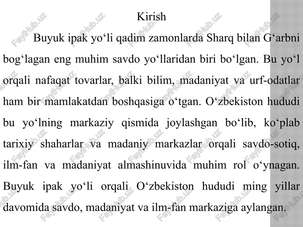 lardan biri bo‘lgan. 2. shimoliy yo‘l toshkent, samarqand va buxoro orqali o‘tib, kaspiy dengizi tomonga yo‘nalgan. 3. janubiy yo‘l termizdan o‘tib, afg‘oniston orqali hindistonga ulanib ketgan. tarixiy shaharlarning roli (samarqand, buxoro, xiva) buyuk ipak yo‘li davrida samarqand, buxoro va xiva kabi shaharlar savdo, ilm-fan va madaniyat markazlariga aylangan. bu shaharlar orqali karvonlar o‘tgan, bozorlarda turli mamlakatlardan kelgan tovarlar sotilgan. samarqand — qadimda "sharq durdonasi" deb atalgan. bu yerda ko‘plab madrasalar, observatoriyalar bor. 1. tarixiy shaharlarning ahamiyati buyuk ipak yo‘li bo‘ylab joylashgan samarqand, buxoro va xiva savdo, ilm-fan va madaniyat markazlariga aylangan. 2. samarqand ilm-fan va me’morchilik markazi bo‘lib, ko‘plab madrasalar, observatoriyalar qurilgan. “sharq durdonasi” deb atalgan. 3. buxoro islom madaniyatining yirik markazi, ulamolar shahri. hunarmandchilik va ipakchilik rivojlangan. xulosa o‘zbekiston hududi qadimda buyuk ipak yo‘lining eng muhim qismlaridan biri bo‘lgan. bu yer orqali sharq va g‘arbni bog‘lovchi savdo yo‘llari o‘tgan. natijada, o‘zbekiston shaharlari savdo, fan, madaniyat va hunarmandchilik markazlariga aylangan. …
