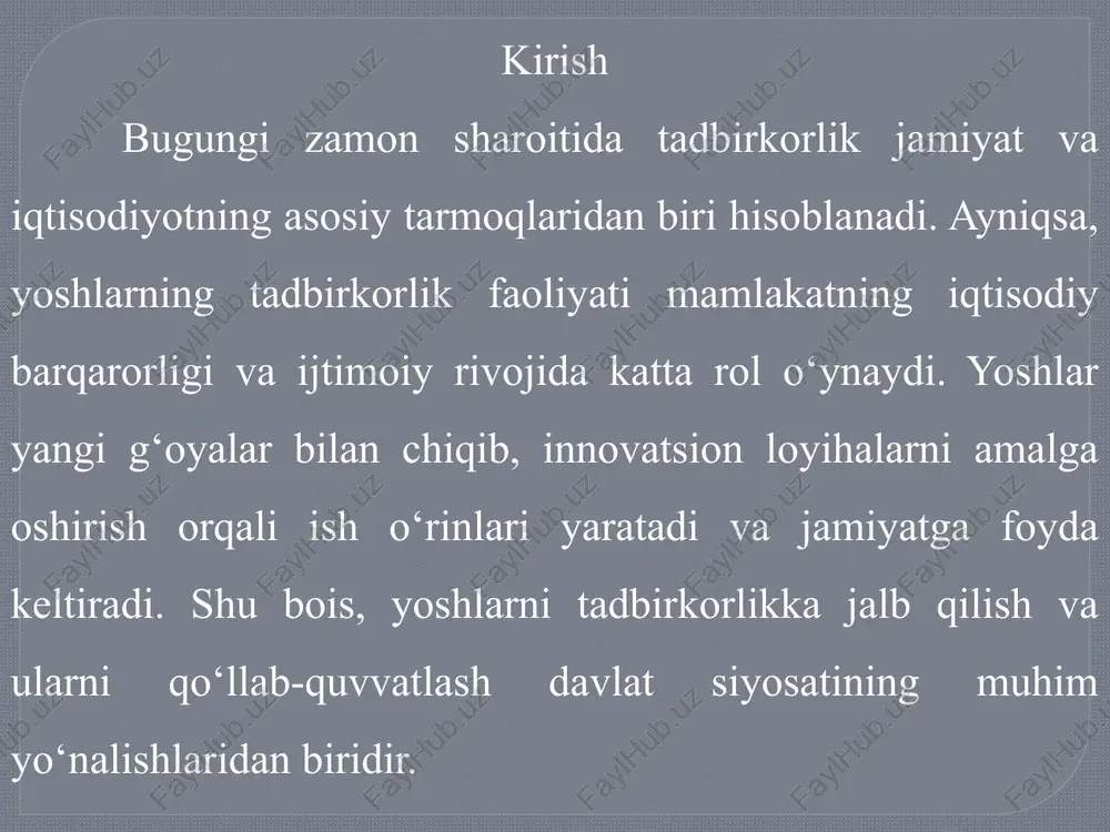 ish o‘rinlarini yaratishga yordam beradi. tadbirkorlik yoshlar uchun nima beradi? tadbirkorlik yoshlar uchun ko‘plab imkoniyatlar yaratadi. avvalo, u yoshlarning mustaqil bo‘lishiga yordam beradi, o‘z pulini topish va o‘z biznesini boshqarish qobiliyatini rivojlantiradi. tadbirkorlik orqali yoshlar yangi ko‘nikmalar va tajriba orttiradi, mas’uliyatni o‘rganadi. mustaqillik va moliyaviy erkinlik tadbirkorlik yoshlarning mustaqil bo‘lishi va o‘z daromadlarini topishiga yordam beradi. 2. tajriba va ko‘nikmalar yoshlar tadbirkorlik orqali yangi ko‘nikmalar va amaliy tajriba oladi. xulosa yoshlarning tadbirkorlik faoliyati jamiyatning iqtisodiy va ijtimoiy rivojida muhim ahamiyatga ega. tadbirkorlik orqali yoshlar o‘zlarining ijodiy qobiliyatlarini namoyish etib, yangi g‘oyalarni amalga oshiradilar, shuningdek, o‘z mustaqilligini ta’minlaydilar. yoshlarning tadbirkorligi yangi ish o‘rinlari yaratishga, mamlakat iqtisodiyotini rivojlantirishga katta hissa qo‘shadi. shu bois, davlat tomonidan yoshlarni qo‘llab-quvvatlash, ta’lim berish va turli imtiyozlarni yaratish muhimdir. foydalanilgan adabiyotlar qodirov, m. tadbirkorlik asoslari. toshkent: “iqtisodiyot”, 2020. rasulova, d. yoshlar va tadbirkorlik. toshkent: “ma’naviyat”, 2019. karimov, i. tadbirkorlik va innovatsiyalar. toshkent: “fan va texnologiya”, 2021. o‘zbekiston …