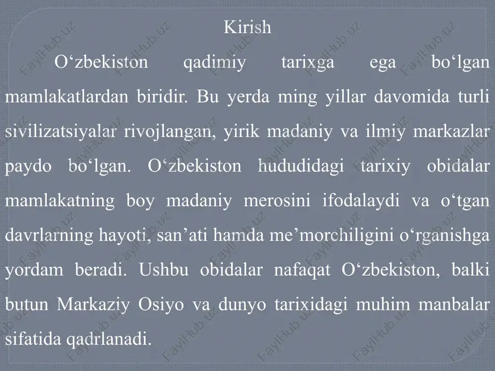 s ettiruvchi bino yoki arxeologik yodgorliklardir. 2. tarixiy obidalarning turlari ular orasida qal’alar, saroylar, madrasalar, masjidlar, maqbaralar, minoralar va boshqa arxitektura yodgorliklari mavjud. 3. tarixiy obidalarning ahamiyati tarixiy obidalar orqali biz avvalgilar qanday yashaganini, madaniyati va me’morchilik usullarini o‘rganamiz samarqanddagi tarixiy obidalar samarqand —u markaziy osiyodagi madaniyat va ilm-fan markazi sifatida tanilgan. eng mashhur obidalardan biri — registon majmuasi. u uchta madrasadan iborat bo‘lib, ularning har biri o‘ziga xos me’moriy uslubga ega. ulug‘bek madrasasi (xv asr) ilm-fan va ta’lim markazi bo‘lgan, sherdor madrasasi va tilla-kori madrasasi esa xvi–xvii asrlarda qurilgan. registon majmuasi registon majmuasi uchta madrasadan tashkil topgan bo‘lib, ulug‘bek madrasasi ilm-fan va ta’lim markazi bo‘lgan. sherdor va tilla-kori madrasalari xvi–xvii asrlarda qurilgan. 2. gur amir maqbarasi bu maqbara buyuk sarkarda amir temur va uning oilasining dafn etilgan joyi hisoblanadi. xulosa o‘zbekiston hududidagi tarixiy obidalar mamlakatimizning boy madaniy merosi va uzoq yillik tarixining guvohidir. samarqand, buxoro, xiva kabi shaharlardagi yodgorliklar …