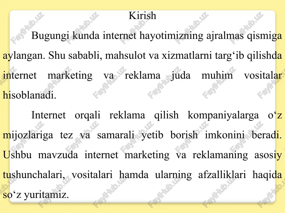 ail reklama va uning maqsadi? reklama — bu mahsulot, xizmat yoki g‘oya haqida odamlarga xabar berish, ularni jalb qilish va sotib olishga undash uchun qilingan pullik kommunikatsiya faoliyatidir. ravonroq qilib aytganda, reklama — bu e'tibor qaratish, qiziqtirish va harakatga undash vositasi bo‘lib, u matn, rasm, video, audio yoki raqamli shaklda bo‘lishi mumkin. reklama nima? reklama — mahsulot yoki xizmat haqida odamlarni xabardor qilish va ularni xarid qilishga undash uchun qilingan pullik ta’sir vositasidir. tanıtish maqsadi reklama mahsulot yoki xizmatni bozorga tanitadi, yangi narsalar haqida odamlarni xabardor qiladi. xulosa internet marketing va reklama zamonaviy biznesning muhim qismiga aylangan. ular yordamida kompaniyalar o‘z mahsulot va xizmatlarini keng auditoriyaga tez va samarali yetkazadi. internet marketing vositalari reklama kampaniyalarini maqsadli auditoriyaga yo‘naltirish va natijalarni tahlil qilish imkonini beradi. shu sababli, internet marketing va reklama biznesni rivojlantirishda katta ahamiyatga ega va kelajakda yanada rivojlanib boradi. foydalanilgan adabiyotlar kotler, p., & keller, k. l. (2016). marketing …