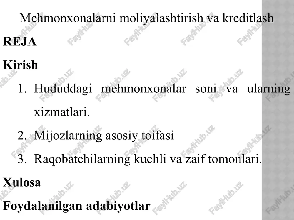 i aniqlash va rivojlanish strategiyasini belgilash uchun muhim bosqich hisoblanadi. ularning kuchli va zaif tomonlarini o‘rganish orqali o‘z biznesingizni samarali yo‘lga qo‘yishingiz mumkin. 8 brend va joylashuv afzalliklari ba’zi raqobatchilar mashhur brendga ega bo‘lib, markaziy yoki qulay joyda joylashgan. bu ularni mijozlar uchun jozibador qiladi. xizmat sifati va infratuzilma zamonaviy bino, qulay xonalar, tozalikka e’tibor va malakali xodimlar — bu ularning asosiy kuchli tomonlaridan biridir. xulosa mehmonxonalarni moliyalashtirish va kreditlash mehmonxona biznesini rivojlantirish uchun muhim omil hisoblanadi. to‘g‘ri moliyalashtirish loyihaning muvaffaqiyatli amalga oshirilishini ta’minlaydi, kredit esa zarur investitsiyalarni jalb qilish imkonini beradi. kredit olish jarayonida biznes-rejaning ishonchliligi va moliyaviy holatning barqarorligi muhim ahamiyatga ega. foydalanilgan adabiyotlar karimov, a. (2020). turizm va mehmonxona biznesini boshqarish asoslari. toshkent: turizm nashriyoti. rasulov, s. (2019). mehmonxonalarni moliyalashtirish va investitsiyalar. toshkent: iqtisodiyot nashriyoti. tursunov, b. (2021). bank kreditlari va ularning biznesdagi ro‘li. toshkent. image2.jpeg image3.jpeg image4.jpeg image1.jpeg /docprops/thumbnail.jpeg