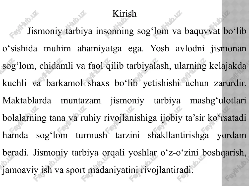 a yordam beradi. 2. ijtimoiy qadriyatlarni shakllantirish sport orqali intizom, jamoaviylik, do‘stlik va adolat kabi qadriyatlar o‘rgatiladi. 3. maqsad sari intilish va iroda mustahkamligi jismoniy mashg‘ulotlar yoshlarni g‘alaba uchun harakat qilishga o‘rgatadi va iroda mustahkamligini rivojlantiradi. 4. zararli odatlardan himoya va sog‘lom turmush tarzini rag‘batlantirish. jismoniy tarbiya mashg‘ulotlarini tashkil etish jismoniy tarbiya mashg‘ulotlarini samarali tashkil etish uchun bir necha muhim jihatlarga e’tibor qaratish zarur. avvalo, mashg‘ulotlar uchun mos va xavfsiz joy ajratilishi lozim. bu sport zalari, maydonchalar yoki ochiq havodagi maydonlar bo‘lishi mumkin. mashg‘ulotlarning rejasini tuzishda yoshlarning jismoniy tayyorgarligi va sog‘lig‘i hisobga olinadi. joy va sharoitlarni tayyorlash mashg‘ulotlar uchun xavfsiz va qulay sport zal yoki maydoncha tayyorlash zarur. 2. muntazam va tizimli mashg‘ulotlar reja asosida yoshlarning jismoniy tayyorgarligi va faoliyat darajasiga mos mashg‘ulotlarni o‘tkazish. 3. malakali o‘qituvchilar va murabbiylar xulosa jismoniy tarbiya inson hayotida sog‘lom turmush tarzini shakllantirishda asosiy o‘rin tutadi. yosh avlodning jismoniy va ruhiy jihatdan rivojlanishi uchun muntazam …