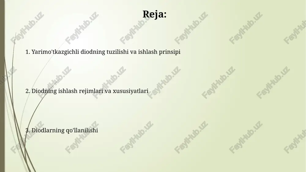 nadi. to'g'ri yo'nalishdagi ulanish to'g'ri yo'nalishdagi ulanishda anodga musbat potensial beriladi va katodga manfiy, bu esa pn o'tishning qarshiligini kamaytiradi va 0.7v (kremniy uchun) dan keyin tok o'tishni boshlaydi. to'g'ri ulanishda, tashqi kuchlanish pn o'tishning to'siq potensialini yengadi, natijada kengayish zonasi torayadi va elektronlar n sohadan p sohaga va teskarisi bo'ylab diffuziyalanadi. teskari yo'nalishdagi ulanish teskari yo'nalishdagi ulanishda, diod orqali juda kam miqdordagi teskari tok o'tadi, odatda nanoamper (na) yoki mikroamper (µa) tartibida, bu asosiy zaryad tashuvchilarning harakatlanishiga bog'liq emas. teskari kuchlanish oshishi bilan, diodning teskari tokining keskin oshishi kuzatiladi. bu hodisa teskari yo'nalishdagi sinish kuchlanishi (vbr) deb ataladi, odatda 50v dan 1000v gacha bo'lishi mumkin. diodning volt-amper xarakteristikasi diodning volt-amper xarakteristikasi i=f(v) ko'rinishida ifodalanadi, bu erda i - tok, v - kuchlanish. xarakteristika to'g'ri va teskari tarmoqlardan iborat bo'lib, diodning ish rejimini aniqlaydi. to'g'ri yo'nalishda, kuchlanish ortishi bilan tok eksponensial ravishda oshadi, lekin ma'lum bir kuchlanishdan keyin (odatda 0.7v …