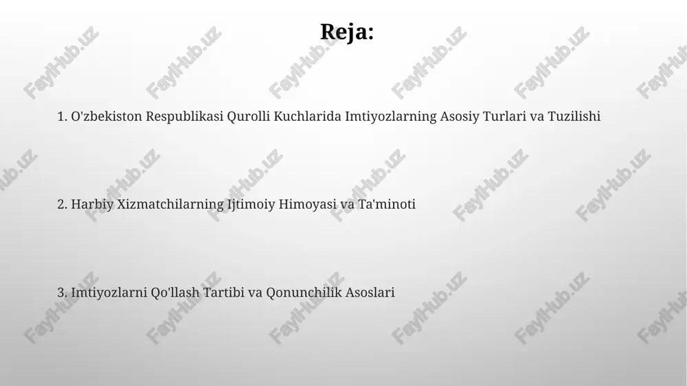 ul beriladi. tibbiy ta'minot imtiyozlari harbiy xizmatchilar va ularning oila a'zolari mudofaa vazirligining harbiy-tibbiy muassasalarida bepul tibbiy xizmat olish huquqiga ega, bunda 14 turdagi dori-darmonlar bepul taqdim etiladi. harbiy xizmatchilarning sog'lig'ini tiklash uchun sanitariya-kurort muassasalarida 30 kungacha bepul davolanish imkoniyati mavjud, bu esa yiliga 1 martagacha berilishi mumkin. uy-joy ta'minoti imtiyozlari harbiy xizmatchilarga xizmat o‘tash joyida doimiy yashash uchun xizmat uylari berilishi mumkin, bu turar joy uchun ijara to‘lovi bo‘yicha imtiyozlar bilan birga keladi va qonunchilik bilan tartibga solinadi. uzoq muddatli harbiy xizmatchilarga 20 yillik xizmatdan so‘ng davlat tomonidan imtiyozli ipoteka kreditlari ajratilishi mumkin, bu esa ularga arzon foizlarda uy-joy sotib olish imkoniyatini beradi. pensiya ta'minoti imtiyozlari harbiy xizmatchilarning pensiya ta'minoti imtiyozlari xizmat muddatiga qarab belgilanadi, bunda 25 yil va undan ortiq xizmat qilganlar uchun yuqori pensiya miqdori kafolatlanadi. o'zbekiston respublikasi qurolli kuchlarida xizmat qilgan shaxslar uchun pensiya miqdori ularning oxirgi lavozimdagi maoshining 50 foizidan kam bo'lmasligi qonun bilan belgilangan. …