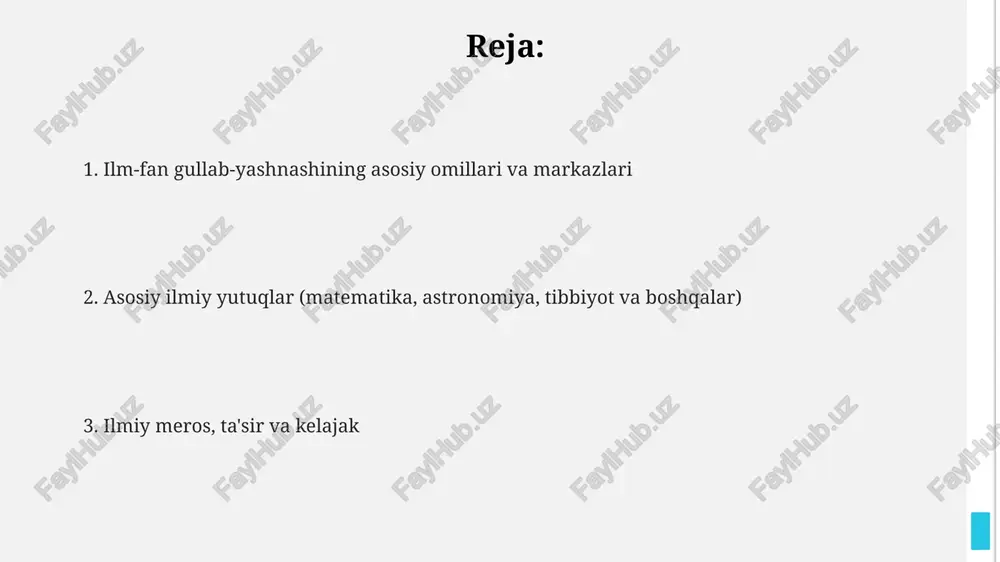 jima qilgan. matematika sohasidagi yutuqlar al-xorazmiy algebra asoslarini yaratdi, u yerda tenglamalarni yechishning tizimli usullarini ishlab chiqdi va “al-jabr” atamasini kiritdi, bu esa algebra fanining rivojlanishiga turtki bo‘ldi. sharq matematiklari, xususan, algebraik tenglamalarni yechishda geometrik usullardan foydalanishgan, bu esa ularga kvadrat va kub ildizlarini topishda ancha aniqroq natijalarga erishish imkonini bergan. trigonometriyada sinus, kosinus va tangens kabi tushunchalar aniqlandi va rivojlantirildi, bu esa astronomiya va geodeziya sohalarida amaliy hisoblashlar uchun muhim ahamiyatga ega bo‘ldi. astronomiya sohasidagi yutuqlar astronomlar yulduzlar katalogini tuzdilar, unda 1000 dan ortiq yulduzning koordinatalari aniq ko'rsatilgan, bu esa keyingi astronomik tadqiqotlar uchun asos bo'ldi. al-battaniy astronomik kuzatishlar asosida quyosh yilini 365 kun, 5 soat, 46 daqiqa va 24 soniya deb aniqladi, bu esa o'sha davr uchun juda yuqori aniqlik edi. ular quyosh va oy tutilishini oldindan aytishning aniqroq usullarini ishlab chiqdilar va geotsentrik modelni takomillashtirdilar, planetalarning harakatini tushuntirishga harakat qildilar. tibbiyot sohasidagi yutuqlar oʻrta osiyo va yaqin …