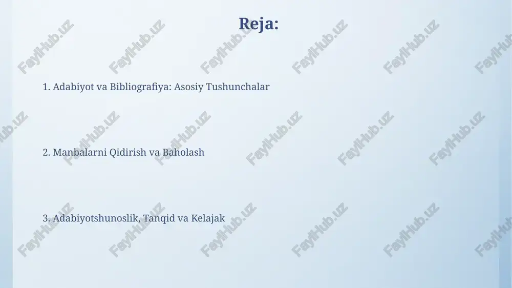 abiyotning ijtimoiy va madaniy kontekstini o'rganadi, 1960-yillardan boshlab rivojlanib, asarning jamiyat bilan aloqasini tahlil qiladi. mualliflik huquqi, plagiat va raqamli adabiyot mualliflik huquqi 70 yilgacha muallifning hayoti davomida va uning o'limidan keyin amal qiladi, ijodkorlarning asarlarini noqonuniy foydalanishdan himoya qiladi. raqamli adabiyotda plagiat 1998-yilgi raqamli mingyillik mualliflik huquqi to'g'risidagi qonun (dmca) bilan tartibga solinadi va jiddiy huquqiy oqibatlarga olib kelishi mumkin. bibliografik ma'lumotlarni boshqarish va kelajak bibliografik ma'lumotlarni boshqarish dasturlari, masalan, zotero va mendeley, 2.0 versiyadan boshlab tadqiqotchilarga 10000 dan ortiq manbalarni samarali tartibga solishga yordam beradi. kelajakda sun'iy intellekt (ai) bibliografik ma'lumotlarni avtomatik ravishda yaratish, tahlil qilish va 95% aniqlik bilan plagiatni aniqlash imkonini beradi. e'tiboringiz uchun rahmat image4.png image5.jpg image6.jpg image7.jpg image8.jpg image9.jpg image10.jpg image11.jpg image1.jpeg