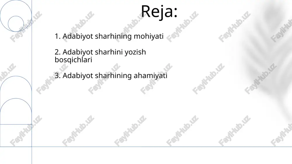 qidiy fikrlashni qo'llash kerak. 6. adabiyotni tahlil qilish va sintez qilish adabiyotni tahlil qilishda muallifning asosiy tezislarini aniqlash, dalillarni tekshirish va yozuv uslubini baholash kabi bir necha bosqichlar mavjud, bu ilmiy tadqiqot uchun muhim. sintez jarayoni turli manbalardan olingan ma'lumotlarni birlashtirib, mavzu bo'yicha yangi tushuncha yoki argument yaratishni o'z ichiga oladi, bu 360 graduslik analizdir. 7. mavzular va argumentlarni aniqlash mavzularni aniqlashda 1-darajali manbalarni diqqat bilan o'qib, ularning asosiy g'oyalari va 2-darajali manbalardagi turli talqinlarni tahlil qilish muhim. argumentlarni topishda 3 ta asosiy elementga e'tibor qaratish kerak: dalillar, isbotlar va xulosalar, ularning o'zaro bog'liqligini baholash zarur. 8. tanqidiy baholash tanqidiy baholashda ishonchlilik 95% bo’lgan manbalar, xususan ilmiy maqolalar, kitoblar va ishonchli veb-saytlar, eng muhim ekanligini unutmaslik kerak. muhokama 2010-yildan keyingi tadqiqotlarga asoslangan bo'lsa, unda mavzuning dolzarbligi ortadi, ammo klassik manbalarni e'tibordan chetda qoldirmaslik lozim. 9. adabiyot sharhini tuzish adabiyot sharhi mavjud tadqiqotlarni 10-20 ta asosiy manbalar yordamida tanqidiy baholash va …