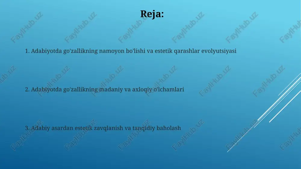 tizmda hissiy va g'ayrioddiy go'zallik ustun bo'lgan. go'zallik tushunchasi diniy va falsafiy qarashlar bilan chambarchas bog'liq. misol uchun, tasavvuf adabiyotida ilohiy go'zallik 7 ta asosiy fazilat orqali ifodalanadi. muallif uslubida go'zallik tasavvuri muallifning 19-asr realizm uslubidagi go'zallik tasavvuri, voqelikni aniq tasvirlash, detallarga e'tibor berish orqali estetik zavq uyg'otadi. ba'zi mualliflar uchun go'zallik 20-asr modernizmida sub'ektiv, parchalangan shakllarda namoyon bo'ladi va an'anaviy estetik me'yorlarga zid keladi. adabiy tanqid va o'quvchining estetik zavqi adabiy tanqidchilar asarning go'zalligini tahlil qilib, uning 5 ta asosiy elementiga baho beradi: uslub, tuzilish, mazmun, ohang va ta'sirchanlik darajasi. o'quvchining estetik zavqi 3 omilga bog'liq: shaxsiy tajriba, madaniy bilimlar va asarning his-tuyg'ularga ta'siri, ularning sintezidan zavq hosil bo'ladi. e'tiboringiz uchun rahmat image1.png image2.jpg image3.jpg image4.jpg image5.jpg image6.jpg image7.jpg image8.jpg