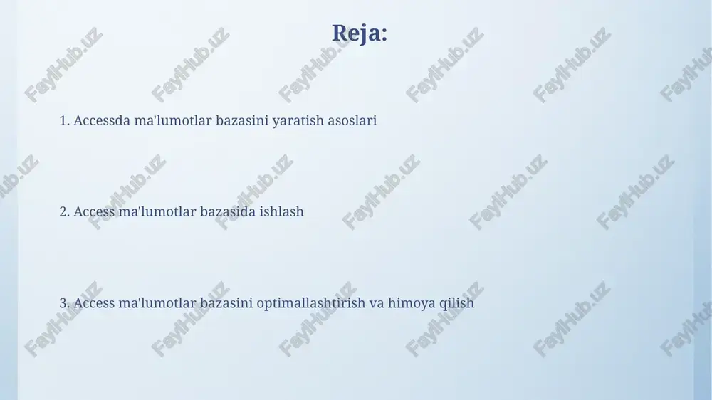 arini o'z ichiga olishi mumkin, bu sizga 1000 dan ortiq yozuvlarni mantiqiy bo'limlarga bo'lishga va umumiy tendentsiyalarni aniqlashga yordam beradi. hisobot yaratishda kalkulyatsiyalardan foydalanish muhim, masalan, umumiy yig'indilarni, o'rtacha qiymatlarni yoki 10% chegirma hisoblash, bu biznes tahlili uchun 2x ko'proq qimmatli ma'lumot beradi. ma'lumotlarni import/eksport qilish va himoya access ma'lumotlarini csv, excel, txt kabi turli formatlarda eksport qilish mumkin. masalan, *export-textwithdelimiters* funksiyasi orqali ma'lumotlarni ajratuvchi belgilar bilan ajratib saqlash mumkin. ma'lumotlarni himoya qilish uchun *database password* xususiyatini yoqish, vba kodini himoyalash (kodni bloklash) va foydalanuvchi huquqlarini boshqarish orqali ma'lumotlar xavfsizligini ta'minlash mumkin. xatolarni tuzatish va ishlashni optimallashtirish xatolarni tuzatishda debug.print dan foydalanish orqali vba kodidagi o'zgaruvchilar qiymatini kuzatish, xatolarni 5 daqiqada aniqlash va kodning ishlashini yaxshilash imkonini beradi. indekslardan to'g'ri foydalanish so'rovlarni 2-3 barobar tezlashtirishi mumkin, ayniqsa katta hajmli ma'lumotlar bazalarida, bunda indekslangan ustunlar qidiruvni optimallashtiradi. e'tiboringiz uchun rahmat image4.png image5.jpg image6.jpg image7.jpg image8.jpg image9.jpg image10.jpg image11.jpg image1.jpeg