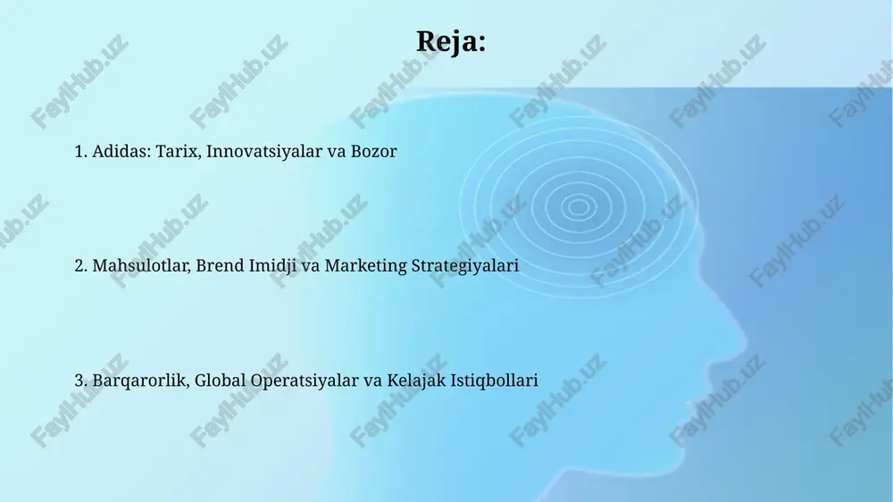 uma kabi yirik raqobatchilar bilan kurashadi, doimiy ravishda innovatsiyalar va marketing orqali ularni ortda qoldirishga harakat qiladi. kompaniyaning moliyaviy ko'rsatkichlariga yalpi foyda marjasi, operatsion daromad va sof daromad kiradi, bu uning rentabelligi va samaradorligini aks ettiradi. global operatsiyalar va ta'minot zanjiri adidas 55 mamlakatdagi 1000 dan ortiq mustaqil zavodlar tarmog'iga tayanadi, bu esa keng geografik taqsimot va ishlab chiqarishning diversifikatsiyasini ta'minlaydi. adidasning ta'minot zanjiri xomashyo manbalaridan tortib, oxirgi iste'molchiga yetkazib berishgacha bo'lgan jarayonlarni o'z ichiga oladi, bu jarayon 70% osiyoda joylashgan. barqarorlik, ijtimoiy javobgarlik va kelajak istiqbollari adidas 2024-yilga kelib faqat qayta ishlangan poliesterdan foydalanishga sodiq bo'lib, chiqindilarni kamaytirish va aylanma iqtisodiyotni qo'llab-quvvatlash orqali barqarorlik maqsadlariga erishmoqchi. ijtimoiy mas'uliyat doirasida adidas better cotton tashabbusini qo'llab-quvvatlab, 2025-yilgacha 100% barqaror paxta olishni maqsad qilgan holda paxta yetishtirishning barqaror usullarini targ'ib qiladi. e'tiboringiz uchun rahmat image2.png image3.jpg image4.jpg image5.jpg image6.jpg image7.jpg image8.jpg image9.jpg image1.png