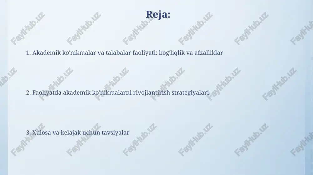 yaxshilash uchun, mentorlik dasturlarini joriy eting. bunda, katta kurs talabalari kichik kursdagilarga 1-2 soatdan maslahat beradi. loyihalarda ishlash jarayonida muvaffaqiyatli natijalarga erishish uchun tadqiqot ko'nikmalarini rivojlantirishga e'tibor qarating. bunda, kamida 3 xil manbadan foydalanish shart. muammolar va yechimlar talabalar vaqtni boshqarishda qiynalishadi, natijada 30% topshiriqlarni o'z vaqtida bajarmaydilar. yechim: vaqtni rejalashtirish bo'yicha treninglar va texnologiyalardan foydalanish. akademik ko'nikmalarni amaliyotda qo'llash motivatsiyasi past bo'lishi mumkin, bu esa 25% talabalarning faoliyatda kam ishtirok etishiga olib keladi. yechim: amaliy loyihalarda ishtirokni rag'batlantirish. xulosa va tavsiyalar xulosa qilib aytganda, talabalarning faoliyatida akademik ko'nikmalarni rivojlantirish orqali 360 gradusli muvaffaqiyatga erishish mumkin, shuningdek, yetakchilik salohiyati ham ortadi. tavsiyalarimiz shuki, o'quv dasturlariga tanqidiy fikrlash va muammolarni hal qilish kabi 5 ta asosiy ko'nikmalarni integratsiya qilish orqali talabalar faoliyatini optimallashtirish zarur. e'tiboringiz uchun rahmat image4.png image5.jpg image6.jpg image7.jpg image8.jpg image9.jpg image10.jpg image11.jpg image1.jpeg