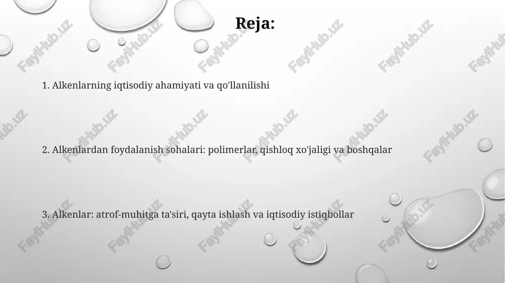 ladi, bu esa avtomobil shinalari va muhrlash materiallari kabi mahsulotlarning 60% dan ortig'ini tashkil etadi. deterjanlar tarkibida alkenlardan olingan alkilbenzensulfonatlar mavjud bo'lib, ular yog'larni emulsiya qilib, suvda eriydigan qilib, yuzalarni tozalashda 85% gacha samaradorlikni ta'minlaydi. qishloq xo'jaligi, erituvchilar va yoqilg'i qo'shimchalari alkenlardan olingan etilen o'simliklarning pishishini tezlashtirish uchun ishlatiladi, masalan, pomidor, banan va sitrus mevalarini 5-7 kun ichida yetiltirish uchun ishlatiladi. alkenlardan olingan ba'zi birikmalar, masalan, sikloheksen, bo'yoqlar, rezinalar va yopishtiruvchi moddalar uchun sanoat erituvchilari sifatida ishlatiladi, odatda 10-20% erituvchi sifatida ishlatiladi. oktan sonini oshirish uchun izookten kabi alkillar yoqilg'i qo'shimchalari sifatida ishlatiladi, bu esa dvigatel samaradorligini taxminan 15-25 foizga oshiradi. kimyoviy sintez, eksport imkoniyatlari va iqtisodiy ta'sir o'zbekiston alkenlar eksporti hajmini 2025-yilga kelib 15 million dollardan oshirish rejalashtirilgan, bu asosan polietilen va polipropilen kabi polimerlarga bog'liq. alkenlar kimyoviy sintezda muhim ahamiyatga ega bo'lib, farmatsevtika, agrokimyo va maxsus kimyoviy moddalar ishlab chiqarishda 70% dan ortiq reaksiyalarda oraliq mahsulot sifatida ishlatiladi. …