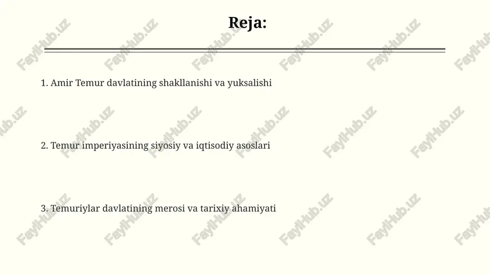 an bo'lib, to'xtamishxon bilan bo'lgan janglar asosiy voqea bo'ldi. davlat tuzilishi, boshqaruv tizimi va 'temur tuzuklari' amir temur davlatining boshqaruv tizimi o'n ikki asosiy divondan iborat bo'lib, ularning har biri davlatning muayyan sohalarini nazorat qilgan va boshqargan. 'temur tuzuklari' davlat boshqaruvining asosiy tamoyillarini, jumladan, adolat, maslahat, qonun ustuvorligi va elita vakillarini tayinlash tartibini belgilab bergan. temur davlatida markazlashgan boshqaruvga qaramay, hududiy hokimlar va amirlar katta vakolatlarga ega bo'lib, ularning faoliyati 'temur tuzuklari' bilan tartibga solingan. iqtisodiy rivojlanish, savdo va madaniyat ravnaqi temur davrida hunarmandchilik yuksaldi, ayniqsa to'qimachilik, kulolchilik va metallurgiya. samarqand, buxoro kabi shaharlarda 200 dan ortiq turdagi hunarmandchilik mahsulotlari ishlab chiqarildi. amir temur ipak yo'lini nazorat qilish orqali savdoni rivojlantirdi, soliqlar va bojxona to'lovlarini tartibga solib, movarounnahrga katta miqdorda daromad olib keldi, bu esa iqtisodiyotni mustahkamladi. madaniyat ravnaqi temurning ilm-fan, san'at va adabiyotga homiyligi bilan bog'liq. uning saroyida ko'plab olimlar, shoirlar va san'atkorlar jamlangan edi, ularning ijodi temuriylar renessansiga …