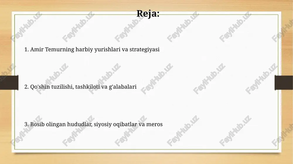 adaniy markazlarga aylandi, ko'plab olimlar va san'atkorlarni o'ziga jalb qildi. 15-asrda mirzo ulug'bekning astronomiya sohasidagi yutuqlari, uning rasadxonasi va 'zij'i' temuriylar ilm-fanining yuksak darajasini ko'rsatadi. amir temurning tarixiy ahamiyati va merosi amir temur 14-asr oxirida yevroosiyoning katta qismini birlashtirib, savdo yo'llarini tikladi va ilm-fan, san'at rivojiga homiylik qilib, temuriylar renessansiga asos soldi. temur tomonidan asos solingan temuriylar davlati keyinchalik 16-asrda boburiylar imperiyasiga asos bo'ldi. bu imperiya hindistonda 300 yildan ortiq hukmronlik qilib, uning madaniyatiga katta ta'sir ko'rsatdi. manbalar va tadqiqotlar: temurshunoslik "zafarname" asari sharafiddin ali yazdiy tomonidan 1425-yilda fors tilida yozilgan boʻlib, temurning hayoti va harbiy yurishlarining asosiy manbai hisoblanadi hamda koʻplab tadqiqotlarga asos bo'lgan. klavixo elchiligining kundaliklari 15-asr boshlarida samarqandga tashrif buyurgan ispaniya elchisining temur saroyi hayoti, harbiy tayyorgarlik va madaniyat haqidagi muhim ma'lumotlarini o'z ichiga oladi. e'tiboringiz uchun rahmat image7.png image8.jpg image9.jpg image10.jpg image11.jpg image12.jpg image13.jpg image14.jpg image3.png image4.png
