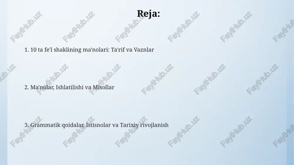 nisbatda qo'llanilmaydi, bu grammatik istisno, chunki ularning vaznlari majhul ma'noni ifodalashga mos kelmaydi. o'n fe'l shaklining grammatik qoidalarida, i shaklning o'zgarishi eng ko'p istisnolarga ega, chunki u uchta zamonda (o'tgan, hozirgi, kelasi) turli xil unli va undosh o'zgarishlariga ega. ba'zi fe'l shakllarining (masalan, iv shaklning) ishlatilishida, lazim fe'llari mutaaddi bo'lib qoladi, lekin agar fe'l aslida mutaaddi bo'lsa, u ikki obyektni talab qilishi mumkin, bu grammatikaga xos istisno. o'rganish usullari fe'l shakllarini kontekstda o'rganing: kitoblardan, filmlardan yoki podkastlardan 5 tadan misol toping va har birining ma'nosini tushuntiring. kundalik daftarda yozib boring. 10 ta fe'l shaklini o'rganish uchun jadval usulidan foydalaning: har bir shakl uchun ma'nolari, vaznlari va misollarini yozing. jadvalni muntazam ravishda takrorlab turing. arab tilidagi fe'l o'zgarishlarini o'zlashtirish uchun zamonaviy texnologiyalardan foydalaning: 3 ta turli xil onlayn resurslardan yoki mobil ilovalardan foydalanib, mashq qiling. tarixiy rivojlanish zamonaviy davrda, xx va xxi asrlarda, arab tilshunosligi fe'l shakllarining semantik nuanceslarini aniqlashtirish va …