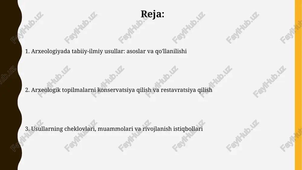 etilen glikol (peg) materialning hujayra tuzilishini mustahkamlaydi va uning 70-85% gacha yo'qolishiga yo'l qo'ymaydi. artefaktlarni restavratsiya qilish usullari artefaktlarni restavratsiya qilishda fizikaviy tozalash usullari, masalan, quruq cho'tka bilan tozalash yoki ultratovush tozalash, asl materialga zarar bermaslik uchun ehtiyotkorlik bilan qo'llaniladi. kimyoviy restavratsiya usullari, jumladan stabilizatorlar va konservantlarni qo'llash artefaktning buzilishini sekinlashtiradi va uning kelajakdagi saqlanishini ta'minlaydi. radiouglerod datingning qo'llanilishi radiouglerod dating eramizdan avvalgi 50 000 yilgacha bo'lgan organik materiallarni aniqlashda muhim ahamiyatga ega, chunki 14c izotopining yarim yemirilish davri 5730 yilni tashkil etadi. arxeologik saytlarda topilgan suyaklar, yog'och ko'mir va matolarning yoshini aniqlashda radiouglerod dating qazilma topilmalarning xronologik tartibini tuzish imkonini beradi. dendroxronologiyaning qo'llanilishi dendroxronologiya binolarning qurilish sanasini aniqlash uchun ishlatiladi, masalan, 1500-yillardagi yog'och konstruksiyalari, daraxt halqalarining naqshlarini mintaqaviy xronologiyalar bilan solishtirish orqali aniqlanadi. dendroxronologiya, shuningdek, iqlim o'zgarishini o'rganishda muhim rol o'ynaydi, bunda daraxt halqalari kengligi harorat va yog'ingarchilikning 1000 yillik yozuvlarini taqdim etadi. arxeologik topilmalarni konservatsiya qilish misollari masalan, …