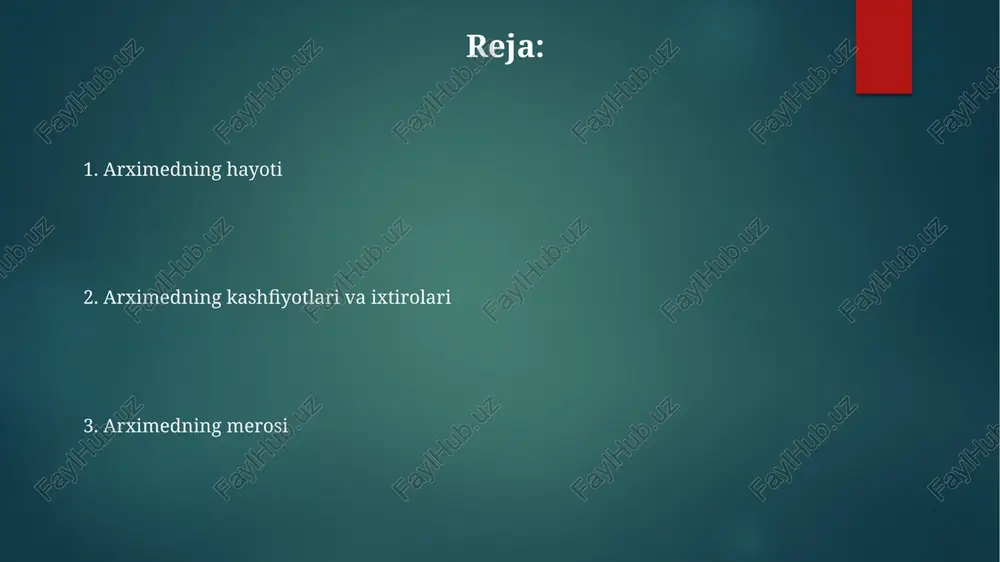 uqlikning og'irligiga teng. u richaglar nazariyasini ishlab chiqdi, bu jismni muvozanatlash yoki harakatlantirish uchun qo'llaniladigan kuch miqdorini tushuntiradi, shu bilan birga, kuchning katta afzalliklarini ko'rsatadi. arximed suv vintini ixtiro qildi, u suvni past darajadan yuqori darajaga samarali ko'taradigan qurilma edi. uni sug'orish va konchilik uchun foydalanish keng tarqalgan edi. ixtirolar va muhandislik arximedning murakkab blok va halqali tizimi, og'ir yuklarni kamroq kuch bilan ko'tarish imkonini berdi, bu esa harbiy muhandislikda katta toshlarni siljitish va kemalarni tortish uchun juda muhim edi. arximedning vintli nasosi, suvni pastdan yuqoriga ko'tarish uchun mo'ljallangan innovatsion mashina bo'lib, qishloq xo'jaligida keng qo'llanilib, sug'orish tizimlarini 2300 yildan ortiq davom ettirdi. arximedning urush mashinalari, masalan, katapultalar va olovli oynalar, sirakuzani rim hujumlaridan himoya qilishda muhim rol o'ynadi, bu uning harbiy muhandislikdagi dahosini ko'rsatdi. arximedning printsipi ko'taruvchi kuch, jismning havodagi og'irligi (w_havo) va suyuqlikdagi og'irligi (w_suyuqlik) ayirmasiga teng, ya'ni f_ko'taruvchi = w_havo - w_suyuqlik. arximed qonuni suyuqlikka botirilgan jismga …