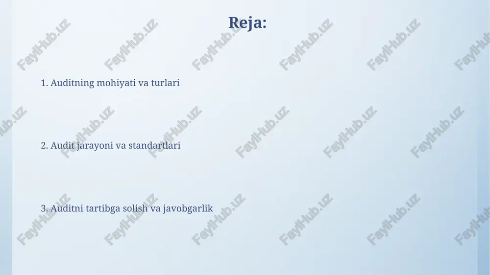 ning ichki nazorat tizimini tahlil qilib, moliyaviy hisobotlardagi xatolik xavfini aniqlaydi. auditorning huquq va majburiyatlari auditor 10 kun ichida audit o'tkazish uchun zarur bo'lgan barcha hujjatlarni olish huquqiga ega, bu audit sifatini ta'minlash uchun muhimdir. auditorlik tashkiloti har yili malaka oshirish majburiyatiga ega, bu ularning kasbiy bilimlarini yangilab turishga yordam beradi. auditni tartibga solish o'zbekistonda auditni tartibga solish “auditorlik faoliyati to'g'risida”gi qonun (o'rq-662, 2020-yil 28-oktabr) va boshqa normativ hujjatlar bilan amalga oshiriladi, bu qonunlar audit o'tkazish tartibini belgilaydi. auditni tartibga solishda muhim rol o'ynaydigan o'zbekiston respublikasi moliya vazirligi, auditorlik tashkilotlarining faoliyatini litsenziyalash, nazorat qilish va standartlarni tasdiqlash bo'yicha vakolatlarga ega. auditorlik hisoboti va javobgarlik auditorlik hisobotida 100 foiz ishonchlilik kafolati berilmaydi, faqat kompaniyaning moliyaviy holati to'g'risida asosli fikr bildiriladi, bu esa javobgarlikni cheklaydi. auditorlik tashkiloti o'z xulosalarida xatoliklarga yo'l qo'ysa, qonunchilikka muvofiq moliyaviy javobgarlikka tortilishi mumkin, bunda jarimalar miqdori oshishi mumkin. auditning axloqiy me'yorlari auditorlar mustaqillikni saqlashi shart, bu professional …