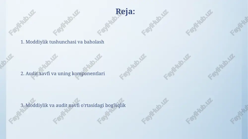 ichki nazorat tizimining moddiy xatolarni oldini olish yoki tuzatish qobiliyatining yo'qligi, uning darajasi kompaniya faoliyatiga bog'liq. xavf komponentlari o'rtasidagi bog'liqlik ajralish xavfi nazorat xavfi bilan chambarchas bog'liq, chunki kuchli ichki nazorat usullari ajralish xavfini kamaytirishi mumkin; kam nazorat esa yuqori xavfni keltirib chiqaradi. aniqlash xavfi ajralish va nazorat xavflari bilan teskari bog'liq: agar ajralish va nazorat xavflari yuqori bo'lsa, auditor yuqori aniqlash xavfini qabul qilishi mumkin. audit xavfini kamaytirish strategiyalari audit xavfini kamaytirish strategiyasi sifatida, biz transaction monitoringni kuchaytiramiz, bu esa 100% asosiy operatsiyalarni tekshirish orqali aniqlash xavfini pasaytiradi. ichki nazorat tizimini mustahkamlash, xususan, ikki kishilik vakolat va 5% limitni o'rnatish ajralish xavfini kamaytirish uchun muhim qadamdir. moddiylik va audit xavfi o'rtasidagi munosabat moddiylik darajasi qanchalik past bo'lsa, auditorlar katta xatolarni aniqlash uchun ko'proq dalillar to'plashlari kerak, shuning uchun audit xavfi kamayadi, aksincha holatda esa xavf ortadi. audit xavfini kamaytirish uchun auditorlar moddiylikni baholashda ehtiyotkor bo'lishlari lozim. yuqori moddiylik darajasi …