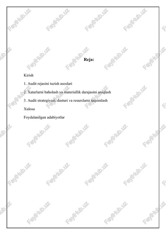 iyatga ega. misol uchun, agar korxonaning moliyaviy hisobotlarida sezilarli o'zgarishlar kuzatilsa, audit rejasi bu o'zgarishlarning sabablarini chuqurroq o'rganishga qaratilishi kerak. audit rejasining ahamiyati korxonaning moliyaviy hisobotlarining ishonchliligi va xolisligini oshirish, risklarni kamaytirish va ichki nazorat tizimini yaxshilashda namoyon bo'ladi. yaxshi tuzilgan audit rejasi auditorga auditning asosiy yo'nalishlariga e'tibor qaratishga yordam beradi, bu esa vaqt va resurslarni tejashga olib keladi. statikaga ko'ra, yaxshi rejalashtirilgan auditlar nosozliklar va xatoliklarni aniqlash ehtimolini 30% ga oshiradi. bundan tashqari, audit rejasi korxona rahbariyatiga moliyaviy hisobotlardagi zaif tomonlarni ko'rsatish orqali ularning tuzatilishiga yordam beradi. audit rejasini tuzish bosqichlari audit rejasini tuzish bir necha bosqichlardan iborat. birinchi bosqich – dastlabki ma'lumotlarni yig'ish va baholash. bu bosqichda auditor korxona faoliyati, moliyaviy holati, ichki nazorat tizimi va soha xususiyatlari haqida ma'lumot to'playdi. ushbu ma'lumotlar asosida audit xavfi baholanadi va materiallik darajasi belgilanadi. misol uchun, agar korxona yangi bozorga kirsa, audit xavfi ortishi mumkin, shuning uchun audit rejasida yangi bozor …