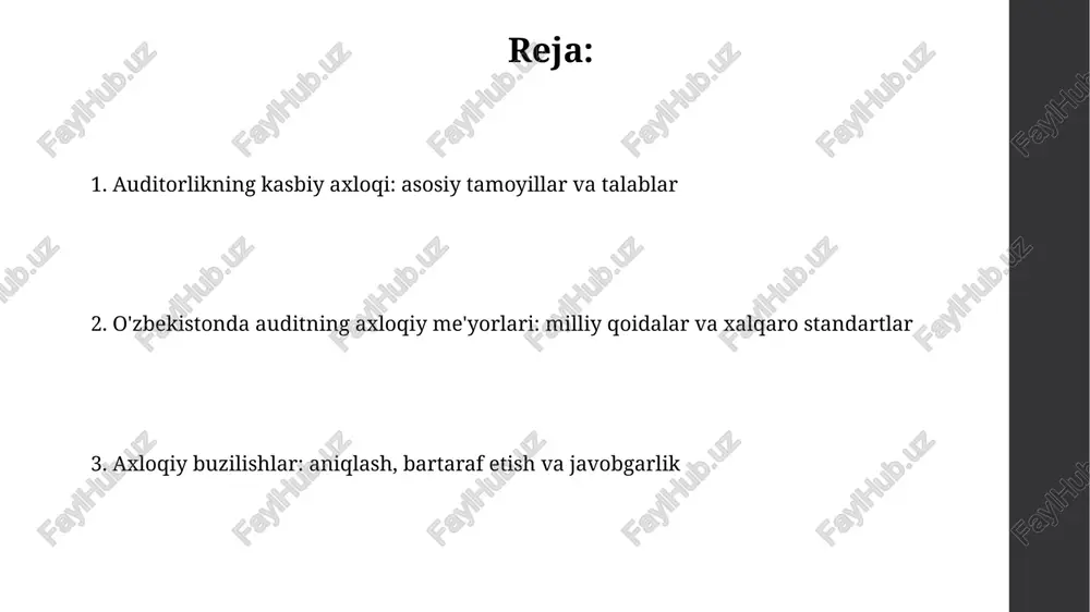 k: auditning asosiy tamoyillari mustaqillik – bu auditorning 100 foiz xolis fikr bildirish qobiliyati, shaxsiy qarashlar yoki tashqi bosim ta'sirida bo'lmaslikni anglatadi, bu esa audit sifatiga ta'sir qiladi. xolislik auditorning moliya hisobotlarini professional skeptitsizm bilan baholashini talab etadi, bunda har qanday g'arazsizlik yoki tarafkashlikdan saqlanish 20-modda muhim. maxfiylik: professional sirni saqlash majburiyati auditorlik maxfiyligi 501-sonli axloq qoidasiga ko'ra, mijozning maxfiy ma'lumotlarini ruxsatsiz oshkor qilishga yo'l qo'yilmaydi, bundan qonuniy talablar mustasno. professional sirni saqlash majburiyati auditorning obro'sini ta'minlaydi va mijozlar bilan ishonchli munosabatlarni o'rnatishda muhim rol o'ynaydi, kamida 10 yil saqlanadi. professional mahorat va ehtiyotkorlik: sifatli auditni ta'minlash professional mahorat auditorning doimiy ravishda 12 oy ichida kamida 40 soatlik o'qish bilan bog'liq bo'lgan bilim va ko'nikmalarini yangilab turishni talab qiladi. ehtiyotkorlik har bir audit bosqichida, xususan, risklarni baholashda va 3 ta muhim moliyaviy hisobotlar yo'nalishlarida puxta va skeptik yondashuvni nazarda tutadi. manfaatlar to'qnashuvi: oldini olish va hal etish yo'llari manfaatlar to'qnashuvi …