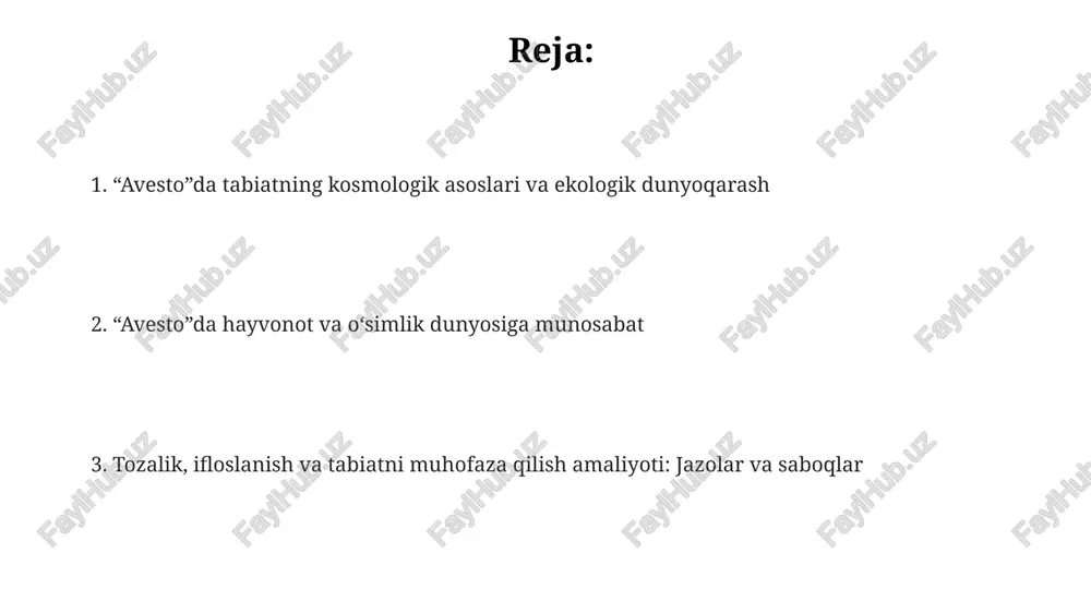 lanadi. suv, olov va tuproqqa munosabat avestoda suv (ap) muqaddas sanalgan, uning pokligi muhim edi. suvni ifloslantirganlar og'ir jazoga tortilgan, chunki bu hayot manbai hisoblanardi. olov (atar) avestoda ahura mazdaning timsoli, uni hurmat qilishgan. olovni ataylab o'chirish yoki ifloslantirish katta gunoh deb hisoblangan va jazolangan. tuproq (zam) avestoda unumdorlik va hayotni ta'minlovchi sifatida qadrlangan. tuproqni ifloslantirish, masalan, murdani ko'mish, katta gunoh hisoblangan va jazo tayinlangan. tozalik va ifloslanish tushunchalari “avesto”ga koʻra, jismoniy nopoklik (masalan, oʻlik jasad) atrof-muhitni, xususan, suv, olov va tuproqni bulgʻashi mumkin, bu esa katta gunoh hisoblanadi. “avesto”da nopoklik *druj* deb atalib, u borliqni buzadigan, kasallik va oʻlim keltiradigan axloqsizlik, tartibsizlik va yomonlikning namoyonidir. tozalikni saqlash uchun “avesto”da suv, olov va tuproq bilan aloqa qilgandan keyin *paiti* bilan poklanish kabi marosimlar belgilangan, bu 9 ta qadamdan iborat kompleks jarayondir. tabiatni muhofaza qilish amaliyoti: jazolar va mukofotlar suvni behuda sarflaganlar yoki ifloslantirganlar uchun jazo sifatida 100 ta urish yoki …