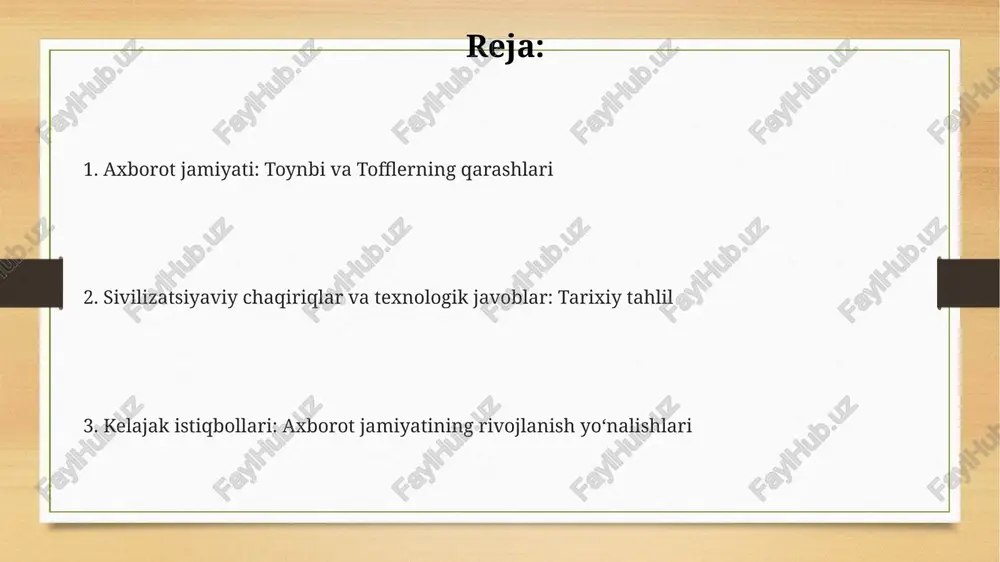 kni oshiradi va 20% aholining axborot texnologiyalaridan foydalanish imkoniyatini cheklaydi. sun'iy intellekt (ai) rivoji bilan bog'liq axloqiy dilemmalar ortib boradi, jumladan, shaxsiy ma'lumotlarning himoyasi va ish o'rinlarining avtomatlashtirilishi tufayli 30% ishchi kuchi xavf ostida qoladi. e'tiboringiz uchun rahmat image7.png image3.png image4.png