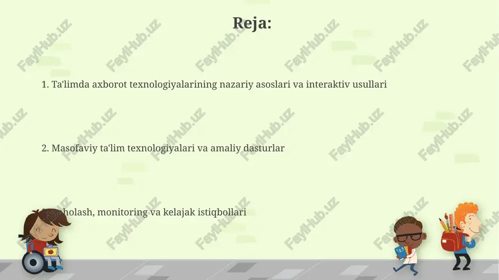edagogik dizayn va texnik talablar pedagogik dizayn o'quv maqsadlariga erishish uchun vizual vositalar, interaktiv elementlar va 508-standartga muvofiq moslikni ta'minlaydi. texnik talablar platformaning barqarorligi, ma'lumotlar xavfsizligi (shifrlash protokollari) va 99.9% ish vaqtini ta'minlashni nazarda tutadi. muammolar, yechimlar va kelajak istiqbollari muammo: 15% o'qituvchilarning it savodxonligi pastligi, yechim: maxsus 3 oylik o'quv kurslari, kelajak: har bir o'qituvchi 2027-yilga it kompetensiyalariga ega bo'lishi. muammo: internet tezligi pastligi sababli 40% onlayn darslar sifatli bo'lmayapti, yechim: 100 mbit/s tezlikka o'tish, kelajak: 2030-yilgacha barqaror yuqori tezlikdagi internet. e'tiboringiz uchun rahmat image6.jpg image7.jpg image8.jpg image9.jpg image10.jpg image11.jpg image1.png