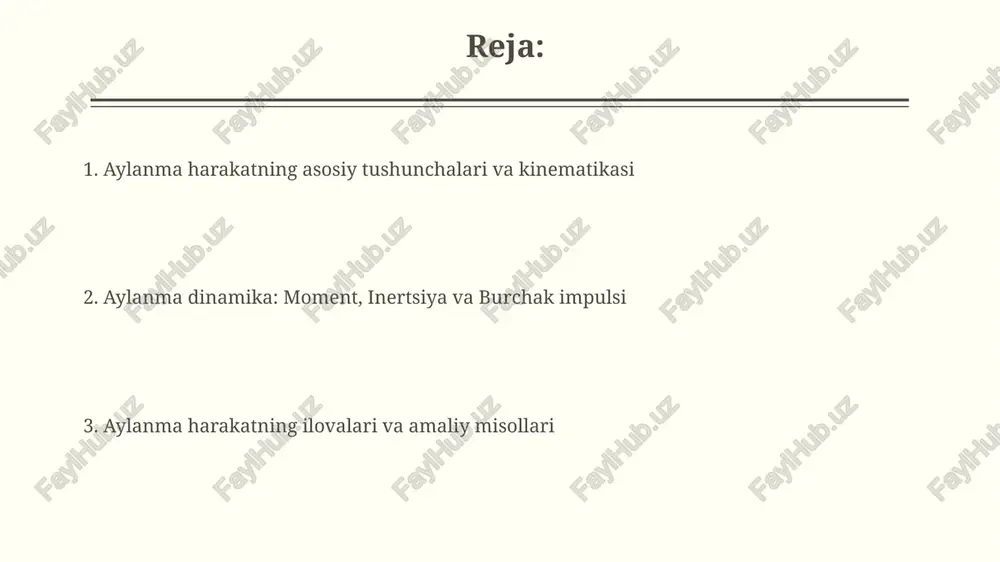 impuls momentining saqlanishi prinsipiga asoslangan bo'lib, ularning eksa yo'nalishini tashqi moment qo'llanilmasa, saqlab qoladi, bu esa navigatsiya tizimlarida muhim ahamiyatga ega. pretsessiya - giroskopga qo'llanilgan momentga nisbatan perpendikulyar o'qda aylanadigan giroskop o'qining asta-sekin konus shaklidagi harakati, uning tezligi moment va inersiya momentiga bog'liq. aylanma harakat muvozanati aylanma harakat muvozanati, har qanday kuch aylantiruvchi kuch ta'sir qilmasa, aylanuvchi jismning aylanish holati o'zgarmaydi, bu nyutonning birinchi qonuniga o'xshaydi. muvozanat uchun, har qanday aylanma harakatda, harakatlantiruvchi va qarshilik ko'rsatuvchi momentlar bir-biriga teng bo'lishi kerak, ya'ni στ = 0 bo'lishi lozim. aylanma harakatning misollari va ilovalari turbinalar va generatorlar elektr energiyasini ishlab chiqarish uchun aylanma harakatdan foydalanadi. masalan, shamol turbinasi shamol energiyasini mexanik energiyaga aylantirib, so'ngra elektr energiyasiga o'tkazadi, bu esa 80% gacha samaradorlikka erishadi. avtomobil dvigatellari pistonlarning chiziqli harakatini krank mili orqali aylanma harakatga aylantiradi. bu aylanma moment avtomobil g'ildiraklariga uzatilib, ularning aylanishiga va transport vositasining harakatlanishiga olib keladi. e'tiboringiz uchun rahmat image2.png …